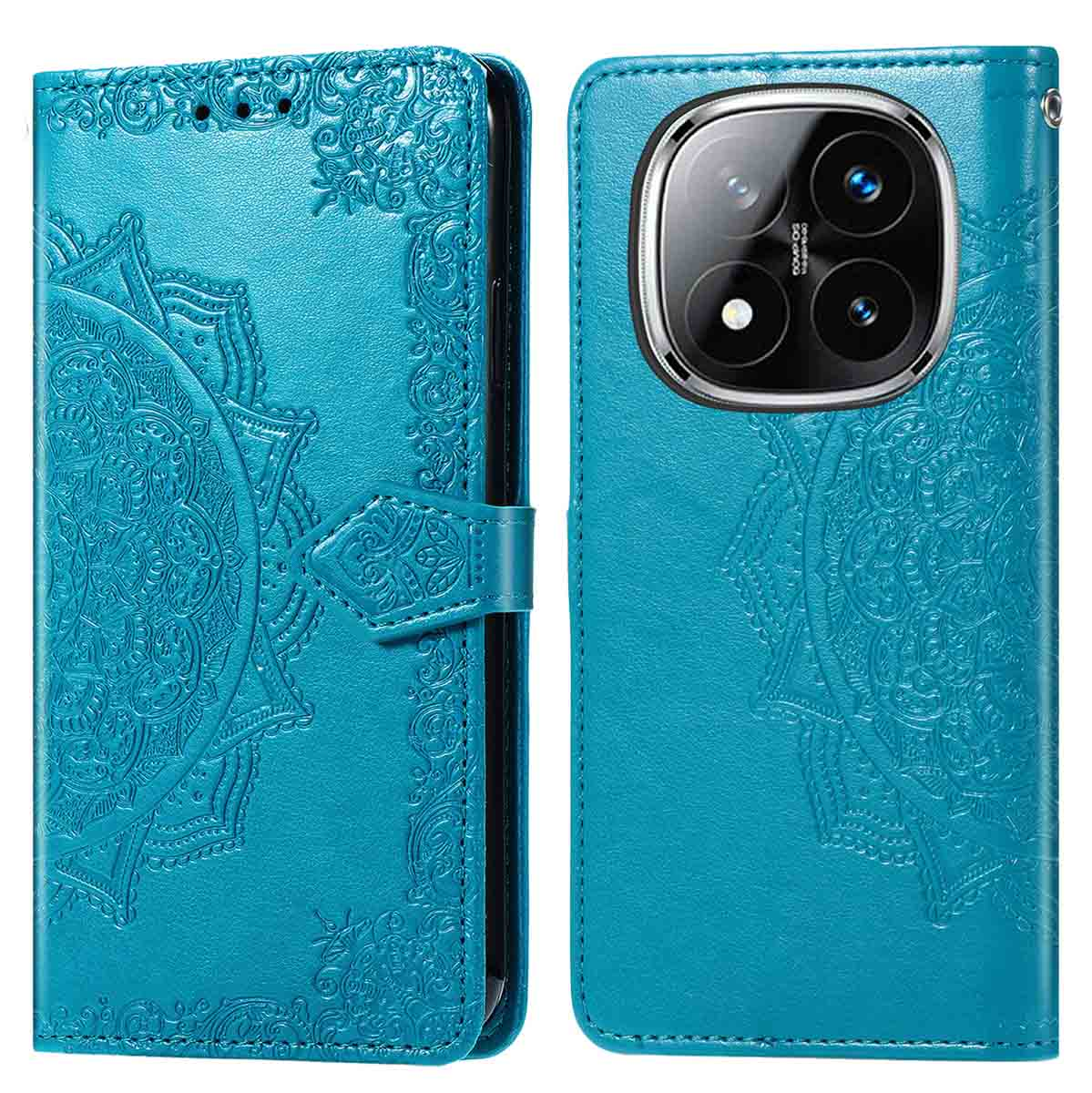 Un étui de téléphone en cuir bleu turquoise avec un motif de mandala. L'étui est ouvert, montrant la caméra du téléphone et un intérieur à motifs.