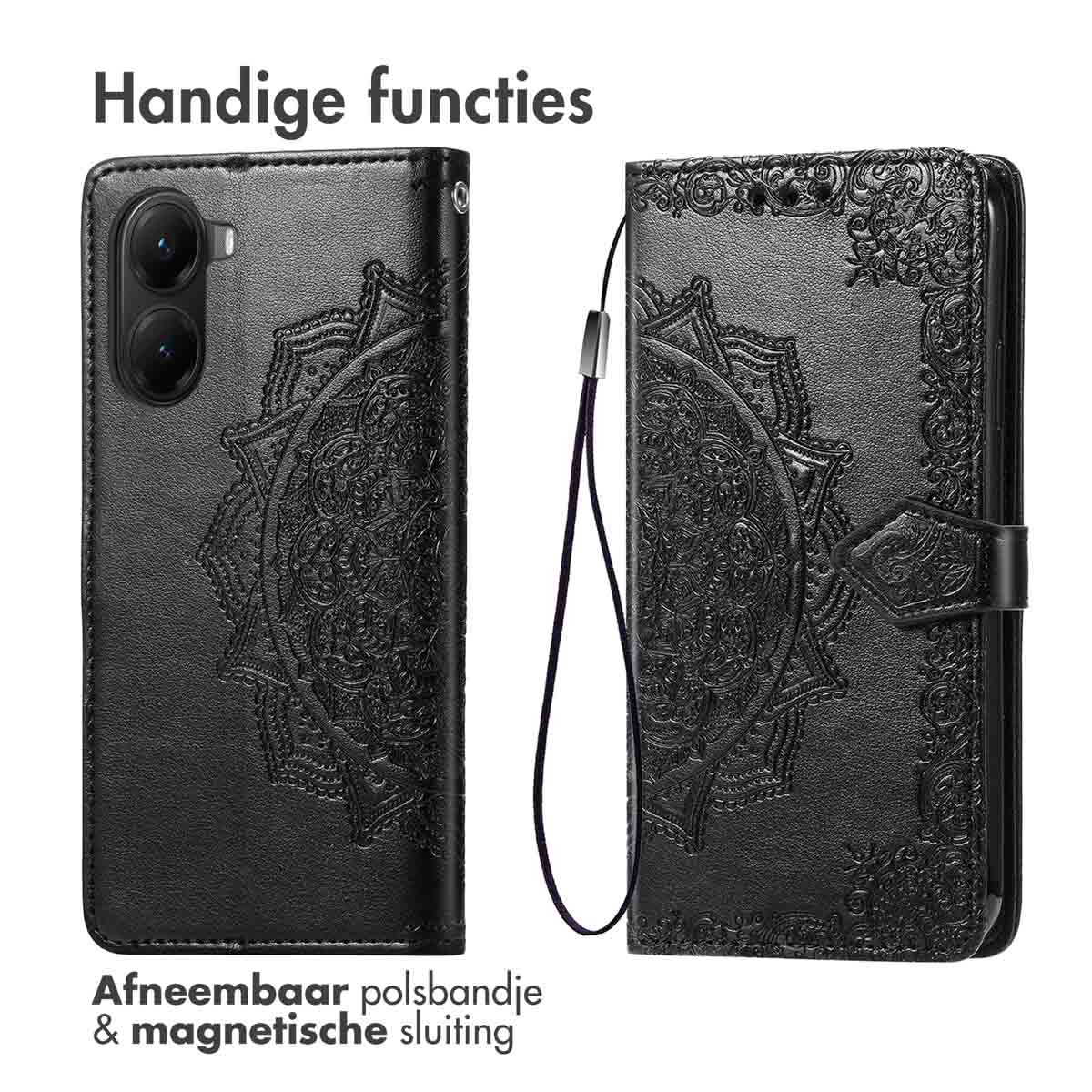Étui de téléphone noir avec un motif mandala. Comprend une dragonne amovible et une fermeture magnétique. Texte en haut et en bas.