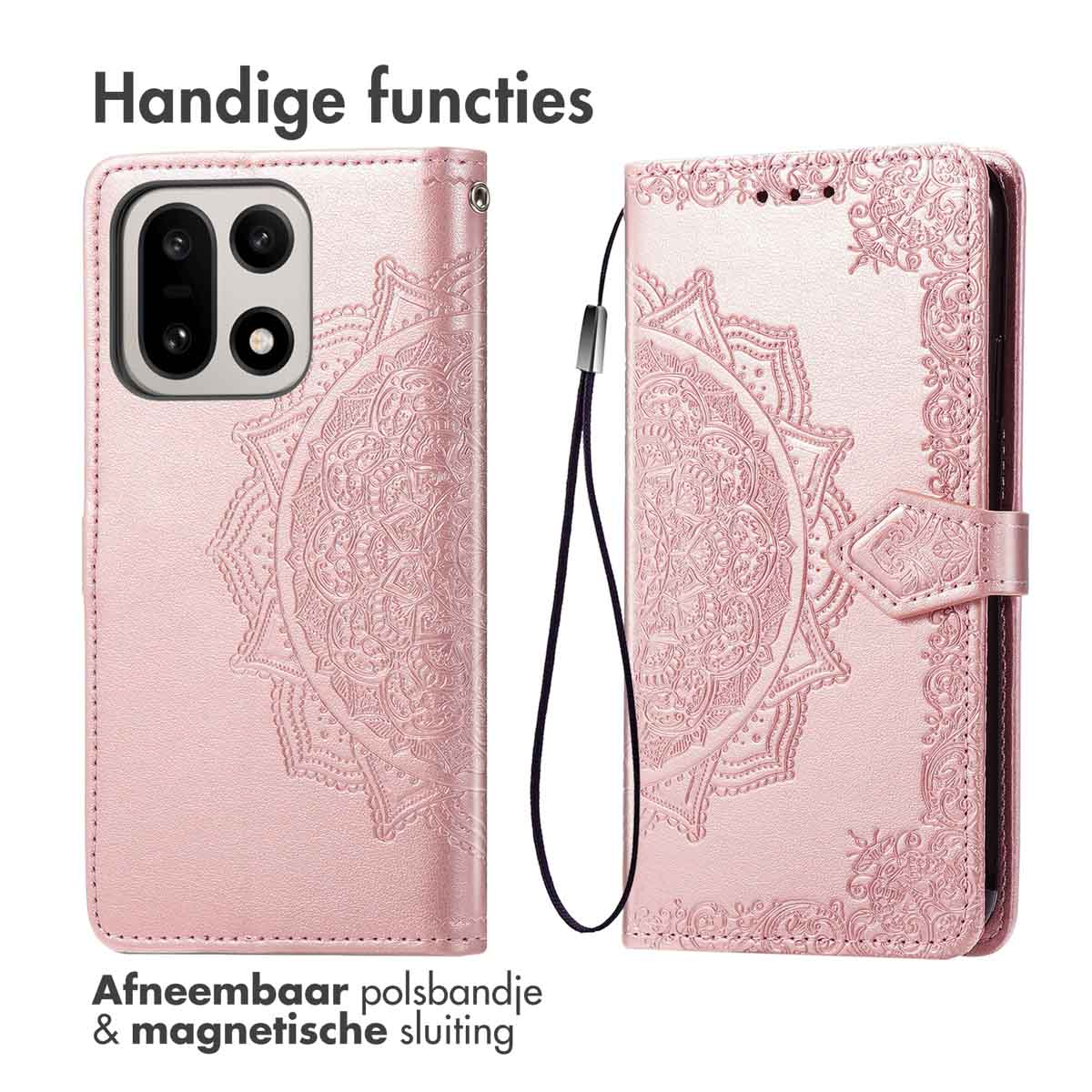 Roze telefoonhoesje met mandala-ontwerp. Afneembare polsband en magnetische sluiting. Tekst: Handige functies.