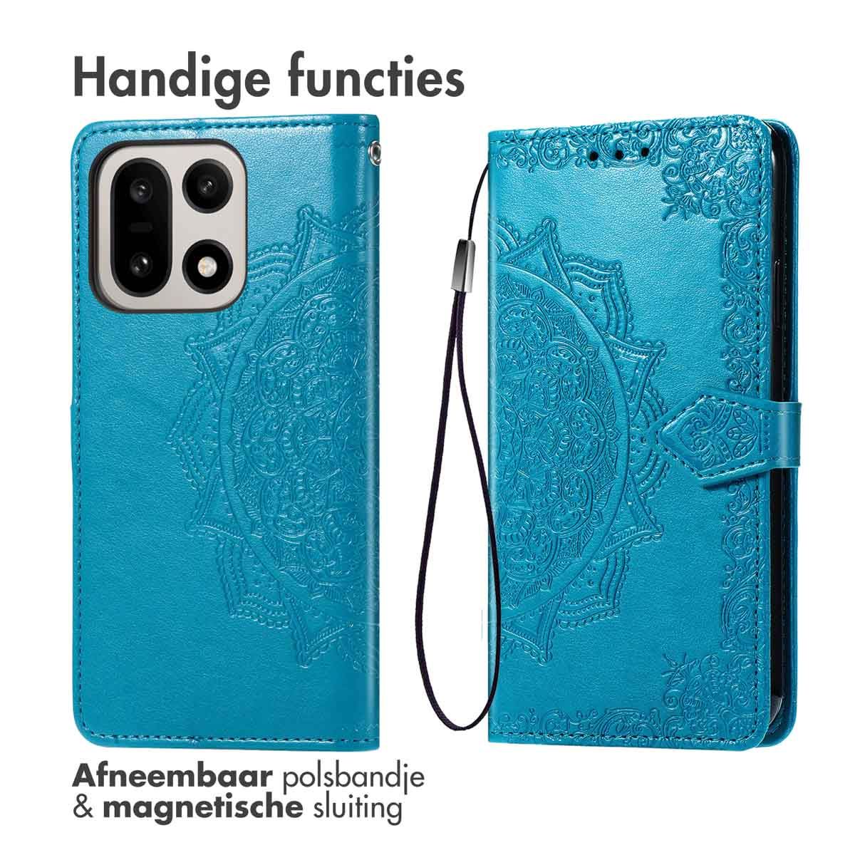 Blauwe telefoonhoes met mandala-ontwerp, magnetische sluiting en polsband. Nederlandse tekst.
