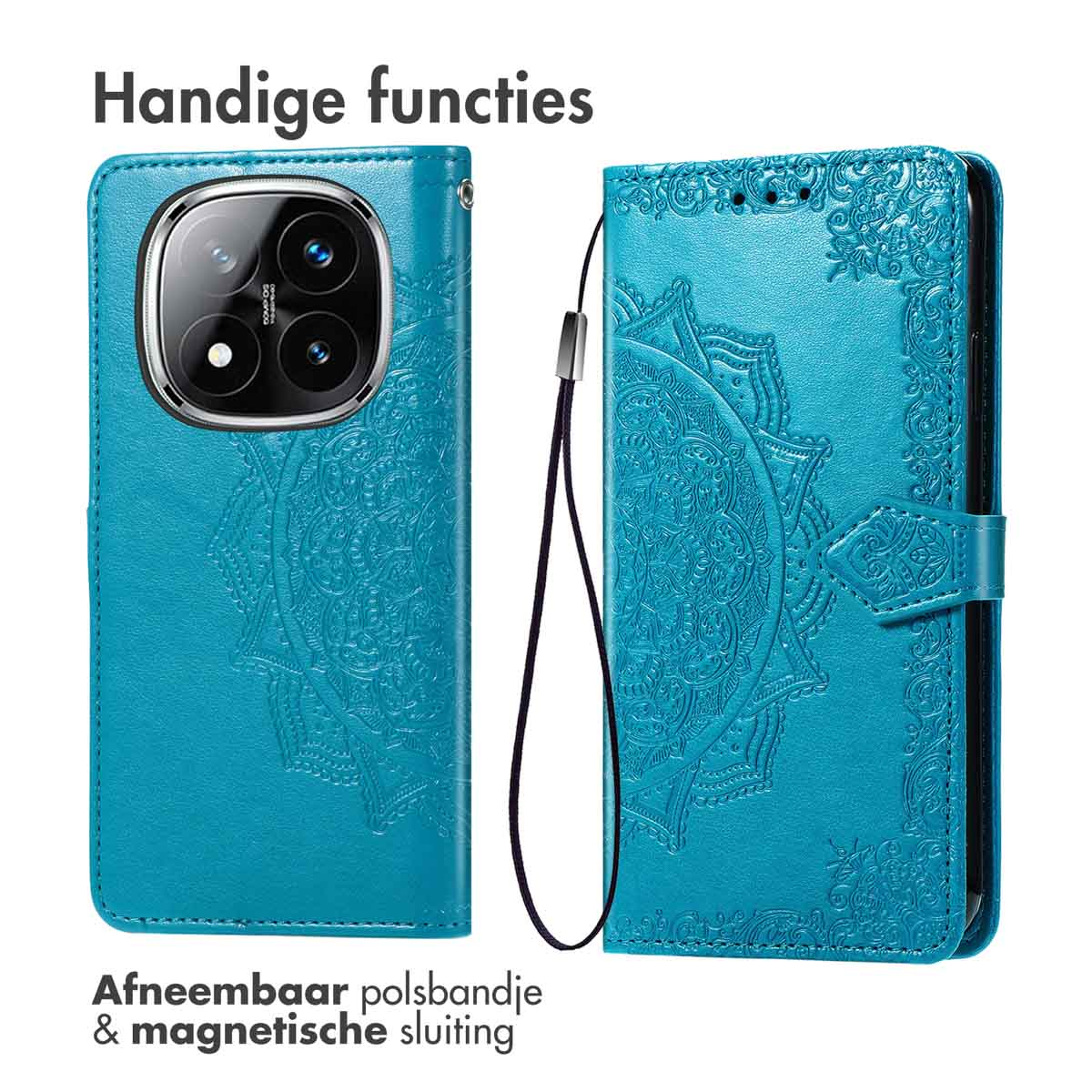 Étui de téléphone turquoise avec un motif mandala. Avec découpe pour appareil photo, dragonne et fermeture magnétique. Texte: 'Handige functies'.