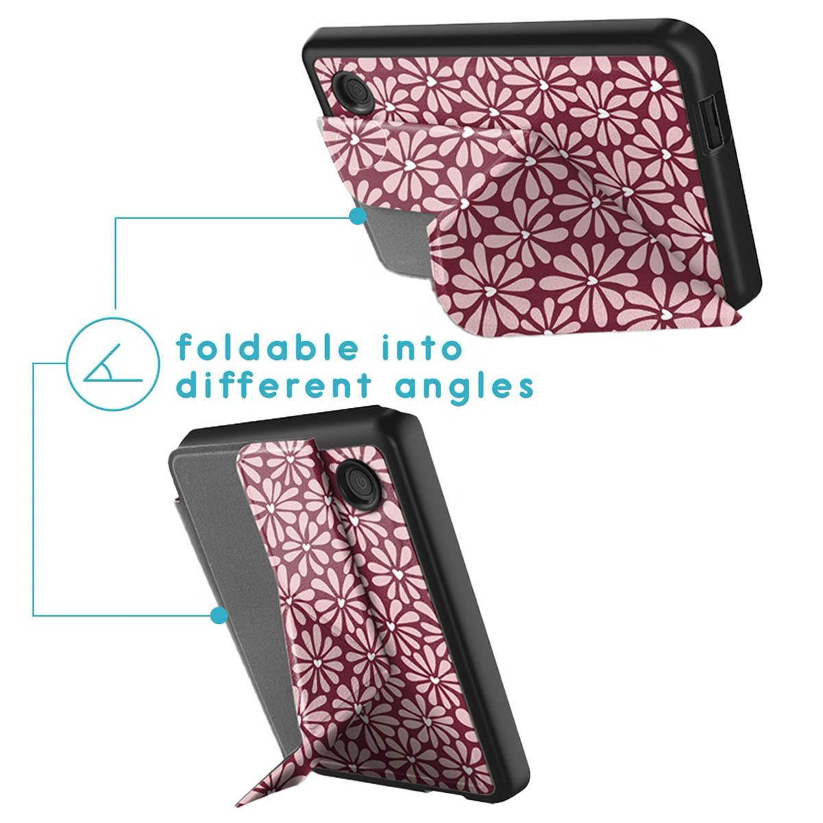 Twee telefoonhoesjes, één opgevouwen, met bloemenpatroon. Tekst: 'opvouwbaar in verschillende hoeken', benadrukt de functie.