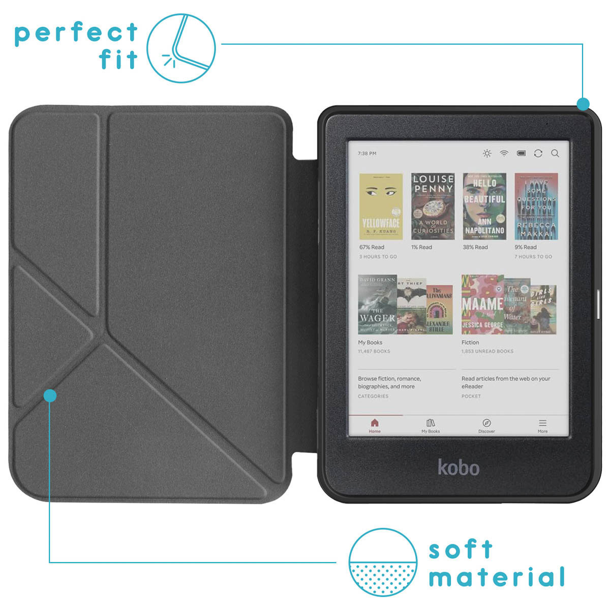 Een open Kobo e-reader met een grijze hoes. Het scherm toont boekomslagen. Tekst: 'perfecte pasvorm' en 'zacht materiaal'.