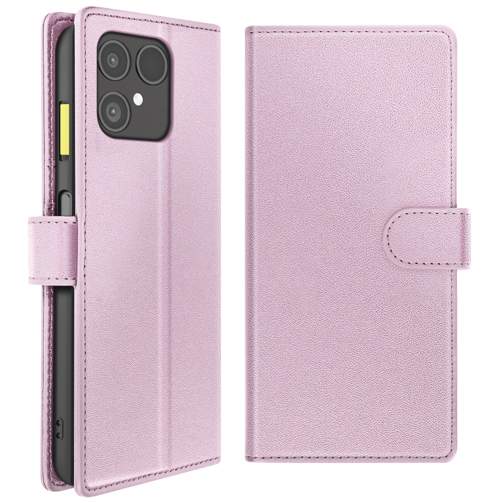 Eine rosa Handyhülle, geöffnet, mit einem Telefon. Die Hülle hat einen Magnetverschluss.