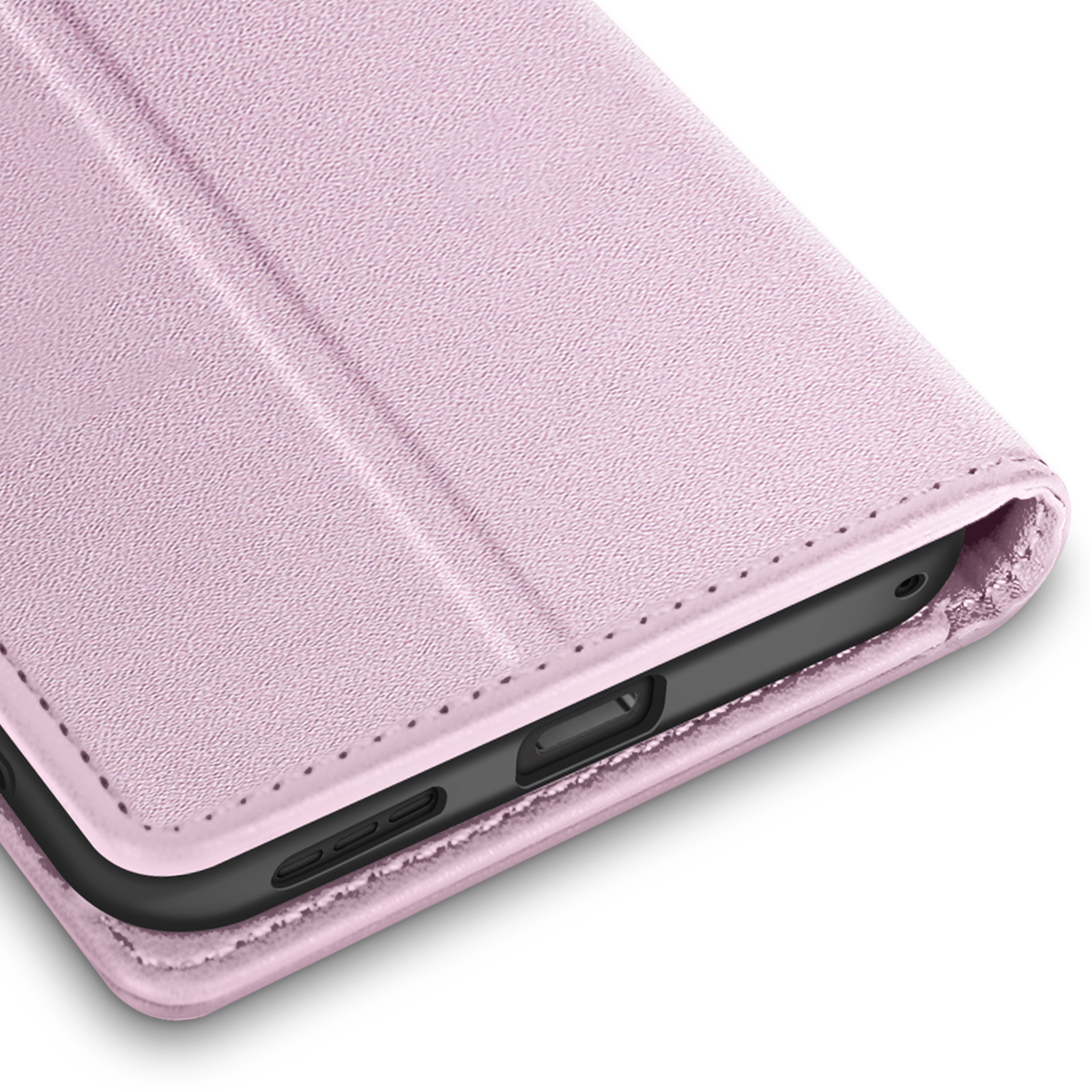 Nahaufnahme einer rosa Handyhülle. Die Hülle ist offen und zeigt ein schwarzes Telefon. Der Hintergrund ist weiß.