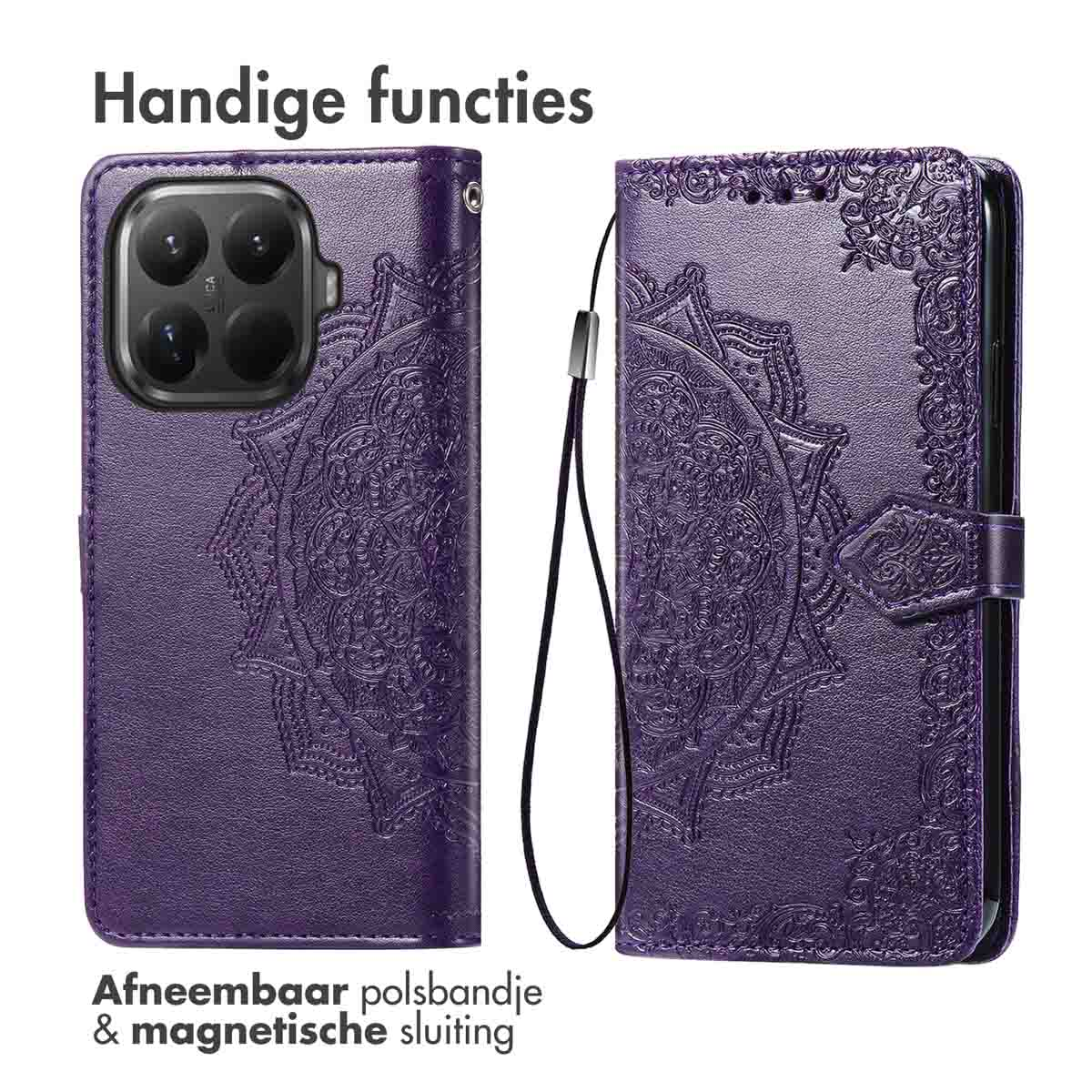 Paarse telefoonhoes met bloemmotief, afneembare polsband en magnetische sluiting. Met camera-uitsparingen.