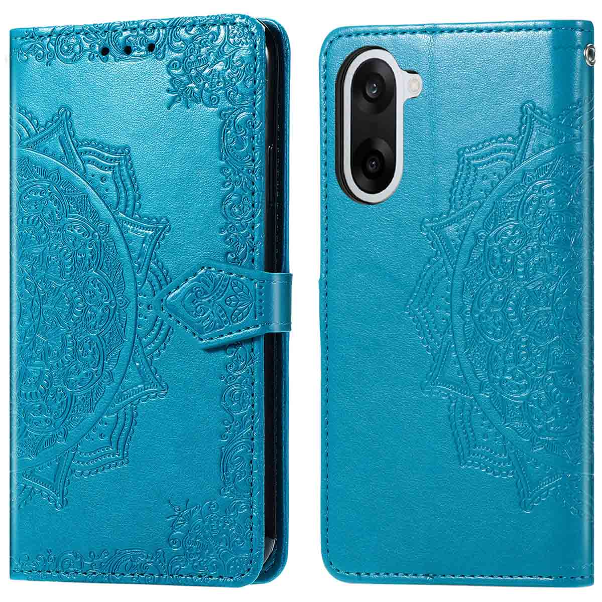 Een turquoise telefoonhoesje met een mandala-ontwerp. Het hoesje is open en onthult de camera van de telefoon. Een sluiting zet het hoesje vast.