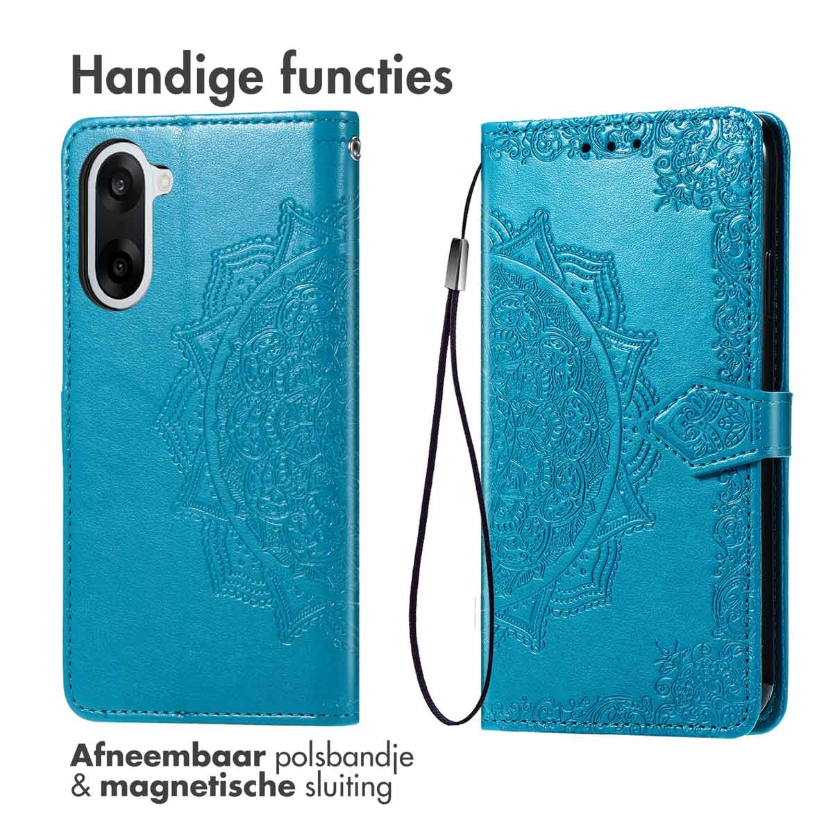 Twee open turquoise telefoonhoesjes. Elk heeft een gedetailleerd patroon en een magnetische sluiting. Tekst in het Nederlands boven en onder.