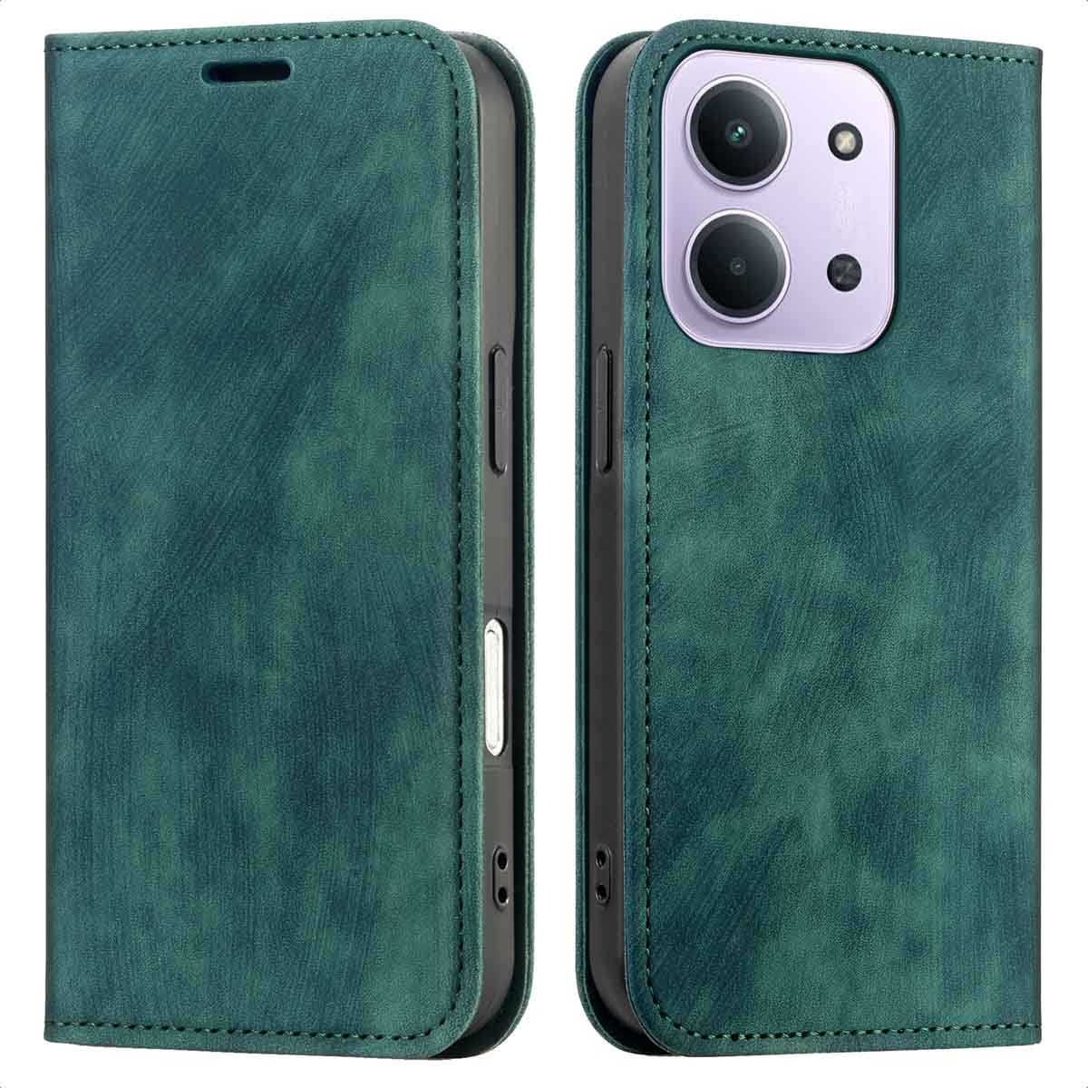Groene leren telefoonhoes, met een telefoon zichtbaar aan de rechterkant. De hoes heeft uitsparingen voor de camera en een flap.