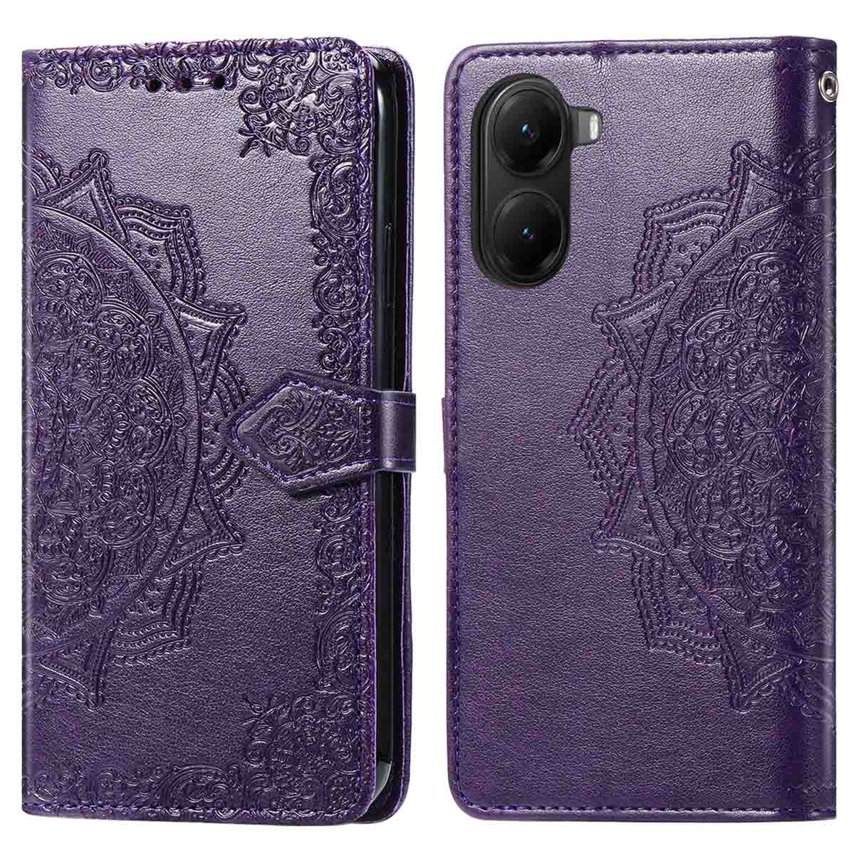 Étui de téléphone violet avec motif mandala. Comprend un fermoir et une découpe pour l'appareil photo. L'étui est ouvert.