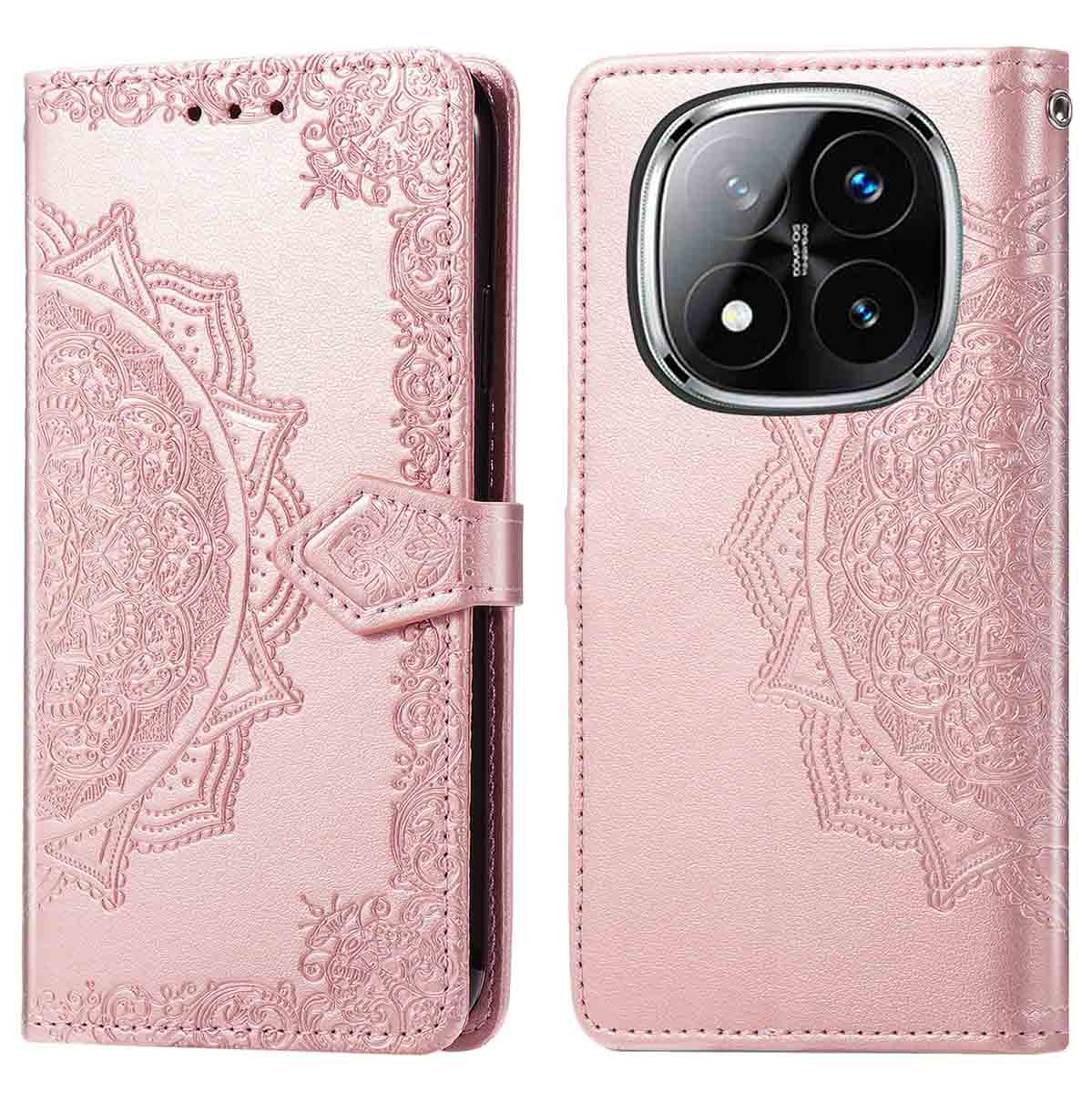 Étui de téléphone rose avec un motif mandala. L'étui a une fermeture magnétique, avec un objectif de caméra. L'étui est en cuir.