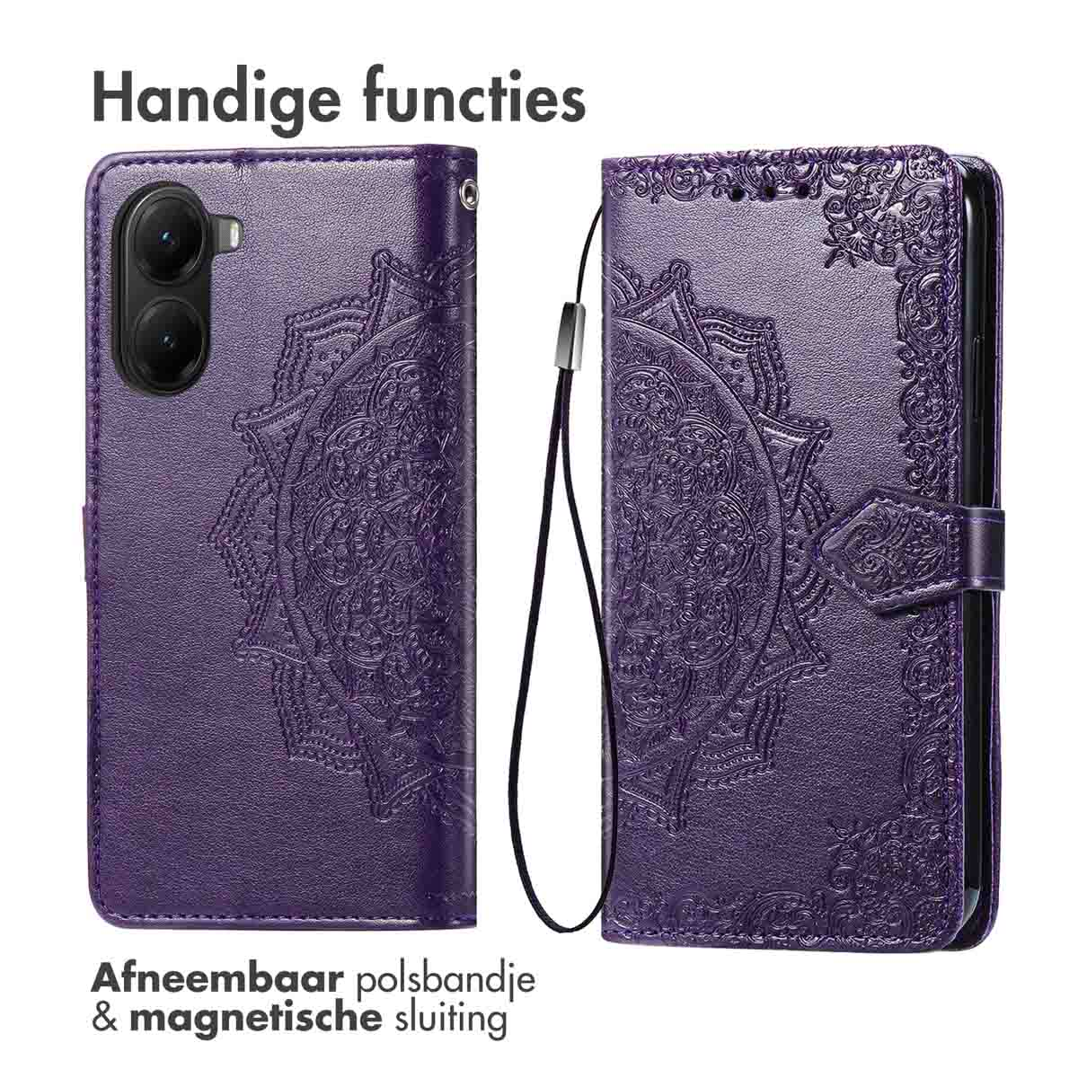 Étui de téléphone violet avec motif mandala, dragonne et fermeture magnétique. Texte: Fonctions pratiques, Dragonne amovible et fermeture magnétique.