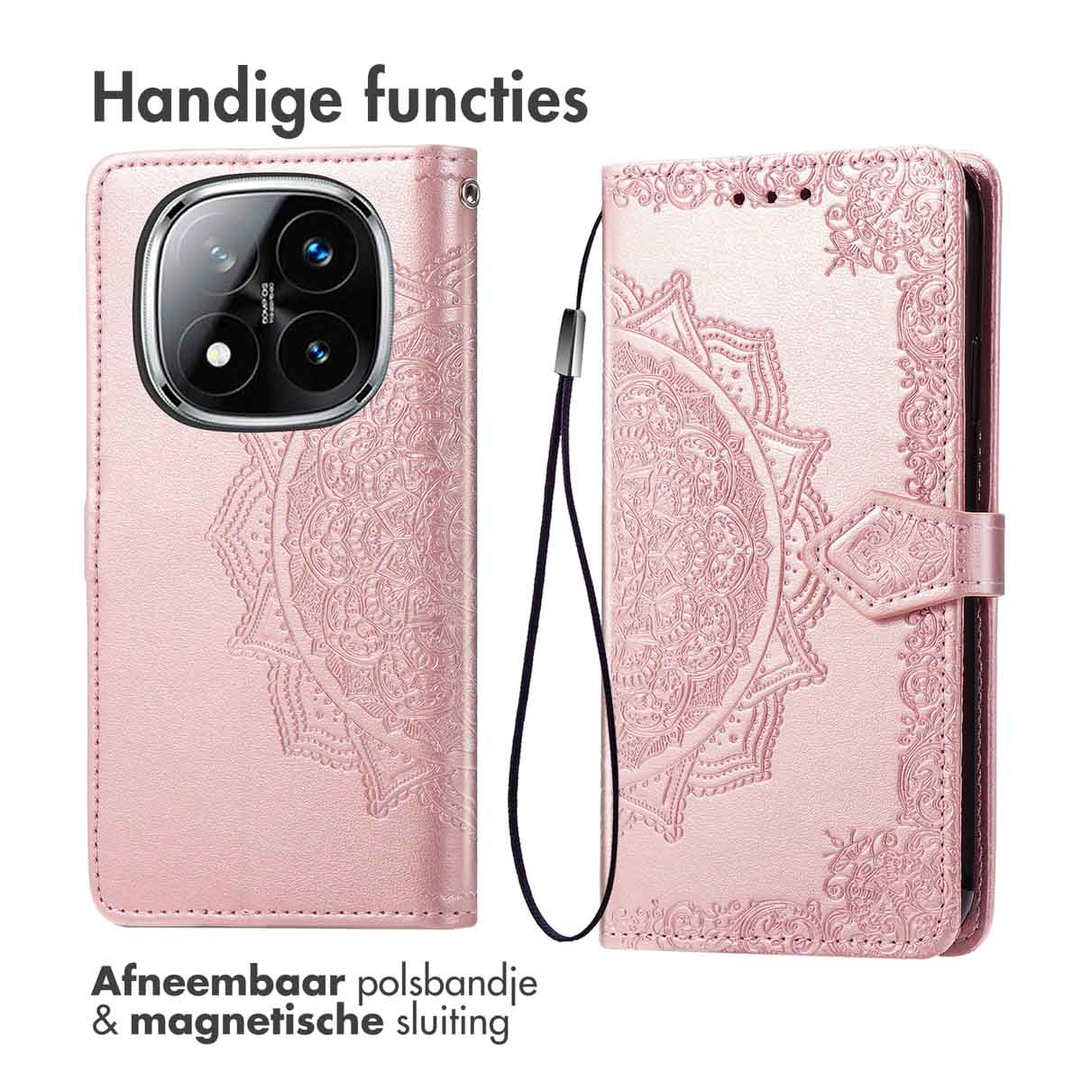 Étui de téléphone rose avec motif mandala. Comprend une dragonne amovible et une fermeture magnétique.