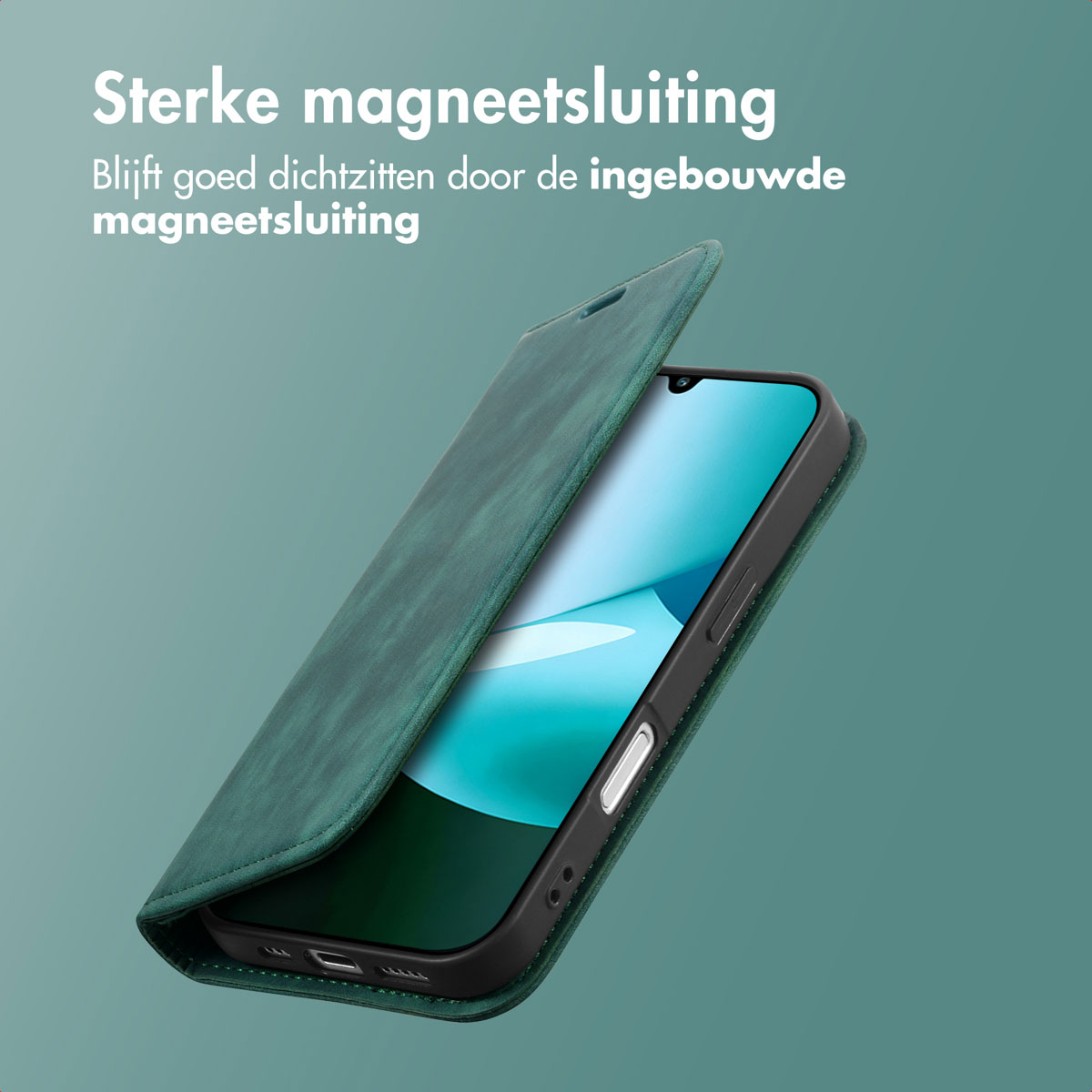 Een groene telefoonhoes gedeeltelijk open, onthult een telefoonscherm. Tekst luidt 'Sterke magneetsluiting'. Achtergrond is een blauwgroene kleur.