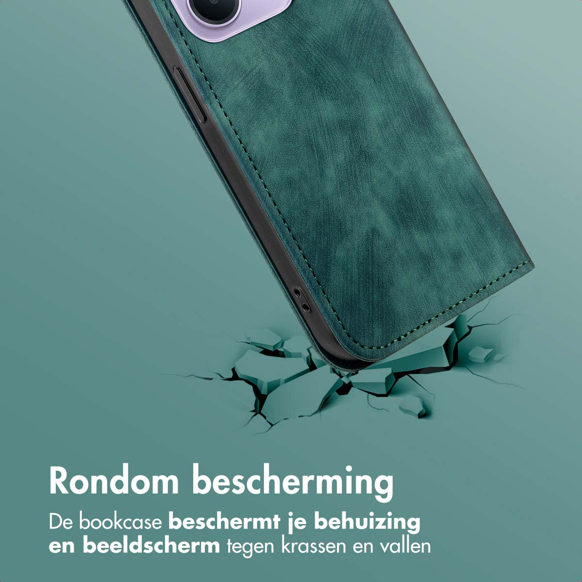 Een groene telefoonhoes rust op een oppervlak met scheuren, wat impactbescherming suggereert. Tekst: 'Rondom bescherming', bescherming.