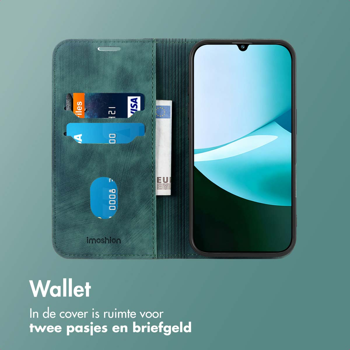 Groene portemonnee met telefoon. Binnenin creditcards en een rekening. Tekst: Portemonnee, In de hoes is ruimte voor twee pasjes.