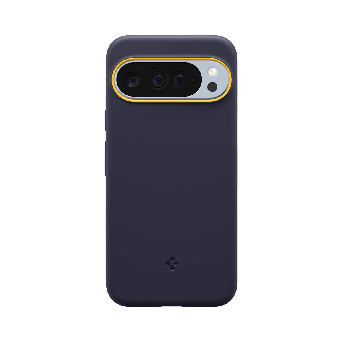 Custodia per telefono blu scuro con modulo fotocamera e accento giallo. La custodia ha una superficie liscia e un logo del marchio.