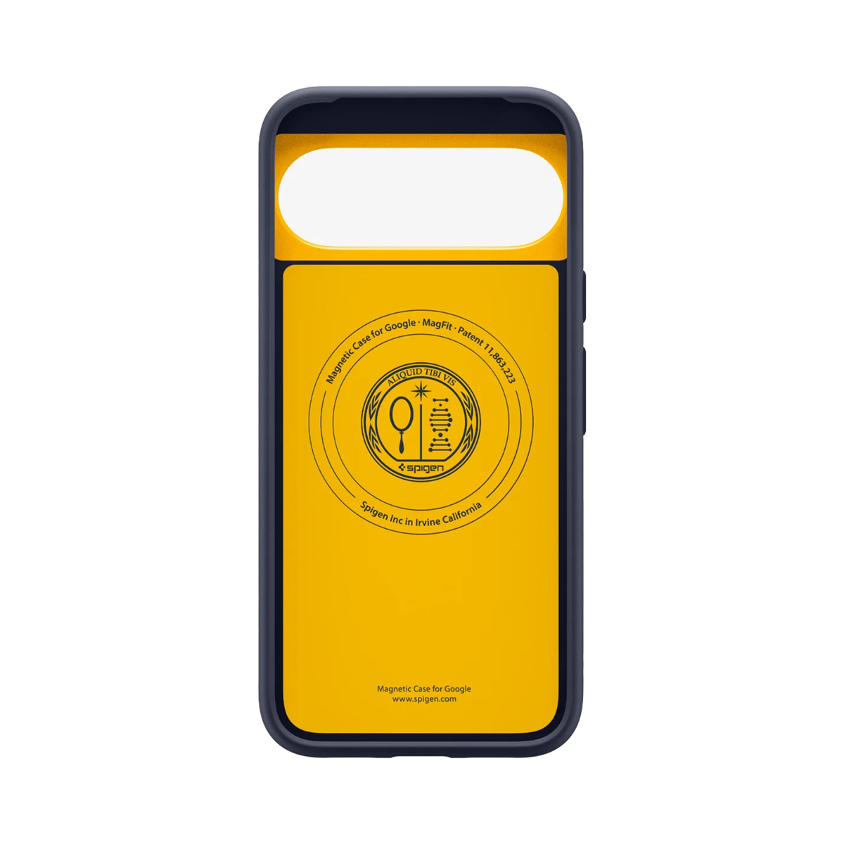 Una custodia per telefono con retro giallo, cornice nera. Presenta il logo Spigen e testo relativo a Google e MagFit.