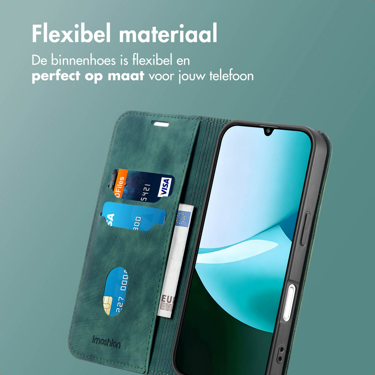 Een groene telefoonhoes met creditcards en een telefoon erin. De hoes is open en toont het telefoonscherm en kaartsleuven.