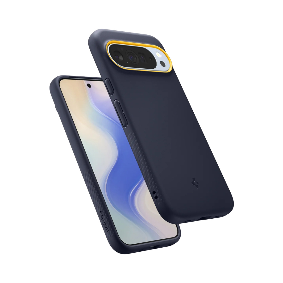 Due custodie per telefono blu scuro. Una con un telefono all'interno, l'altra sopra. Entrambe hanno un ritaglio per la fotocamera bordato di giallo.