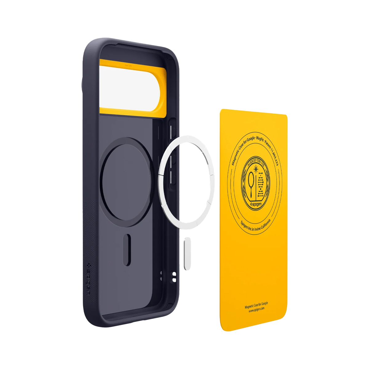 Custodia per telefono con accenti gialli, un anello staccato e una scheda gialla. La custodia è blu scuro.