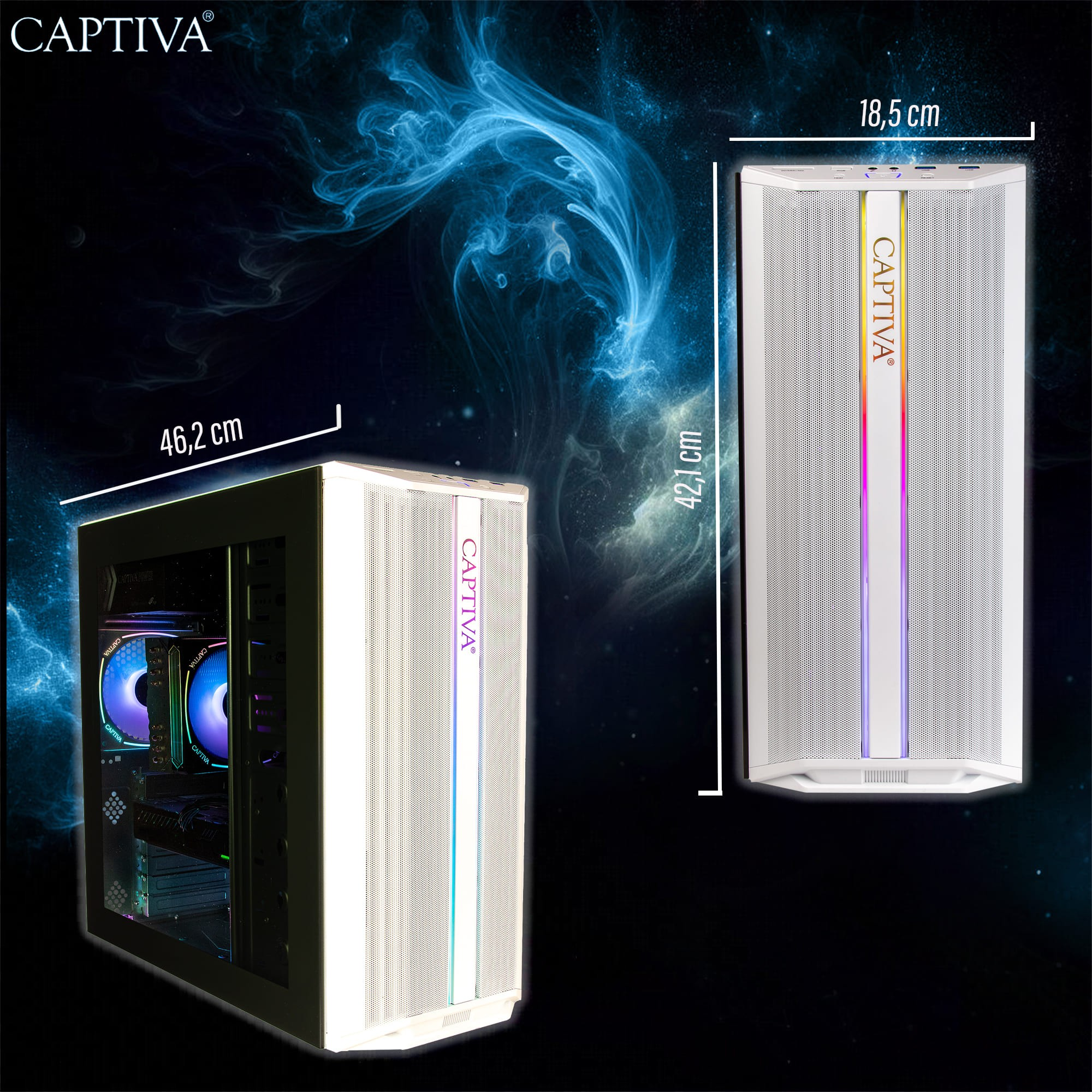 Deux boîtiers PC Captiva, dont un ouvert, montrant les composants internes. Le fond est bleu foncé avec dimensions.