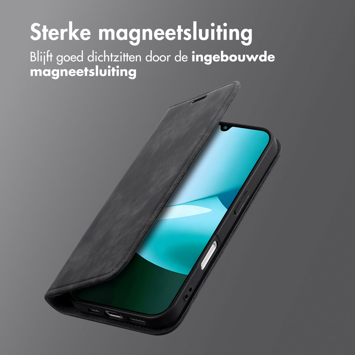 Een telefoon in een zwarte hoes met een open flap. Het telefoonscherm is blauw. Nederlandse tekst: 'Sterke magnetische sluiting'.