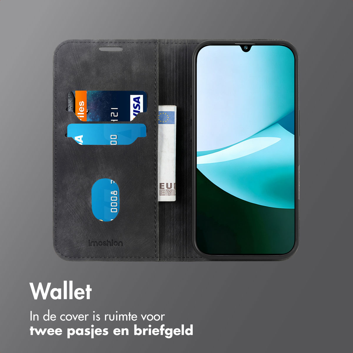 Een telefoonhoesje met een telefoon, creditcards en een biljet. De hoes is grijs en het scherm toont een blauw ontwerp.