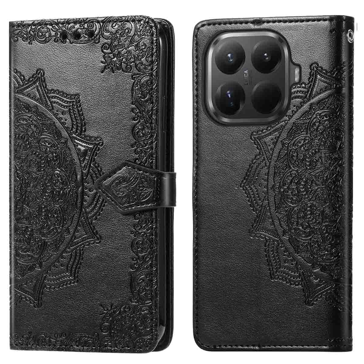 Étui de téléphone en cuir noir avec motif mandala. Étui ouvert, montrant le support du téléphone et les emplacements pour cartes. Le téléphone a une bosse de caméra.