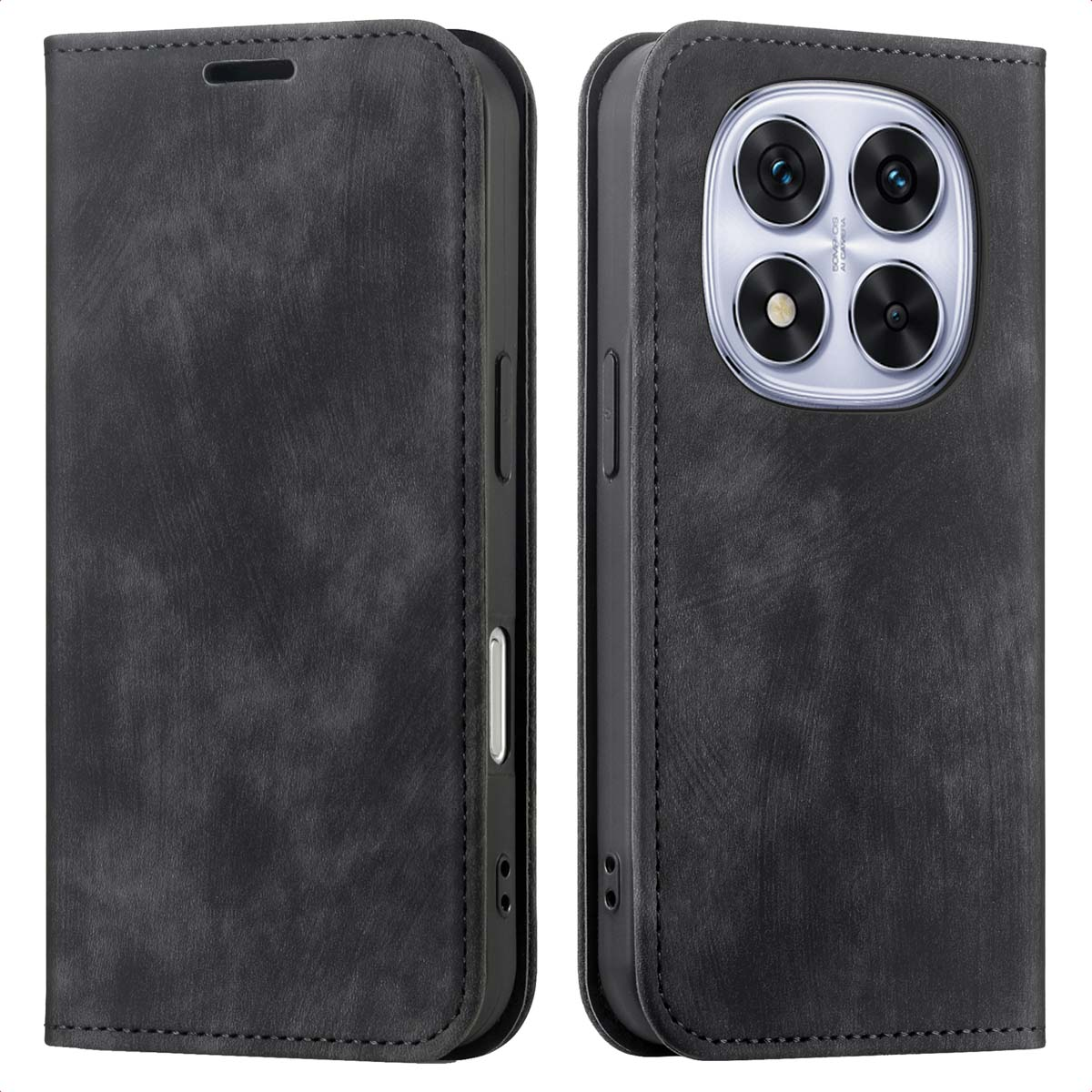 Étui de téléphone en cuir gris foncé, ouvert pour révéler les lentilles de l'appareil photo du téléphone. Coutures détaillées et boutons visibles.