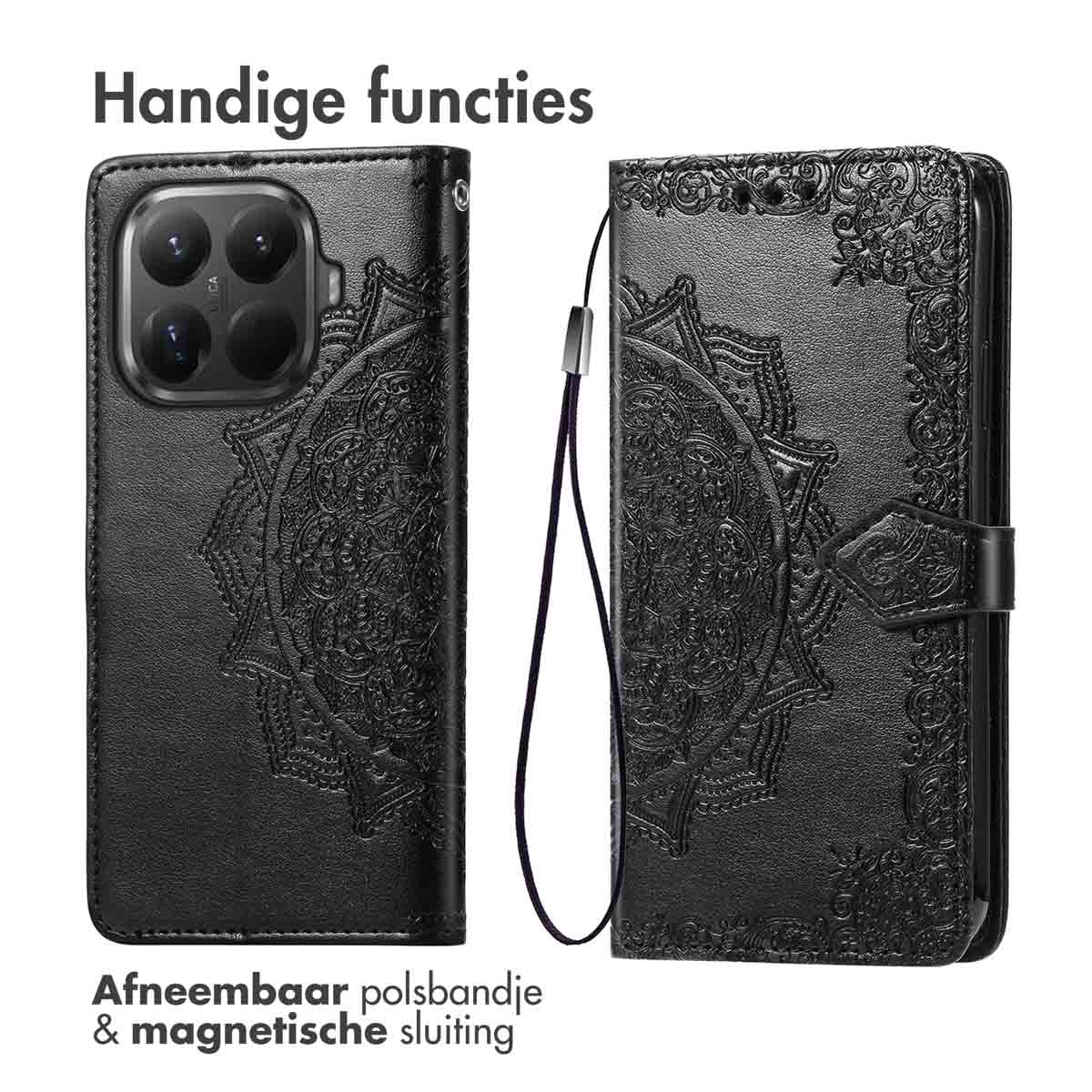 Coque de téléphone noire avec motif floral, ouverte et fermée. En haut, 'Handige functies'. En bas, 'Afneembaar polsbandje'.