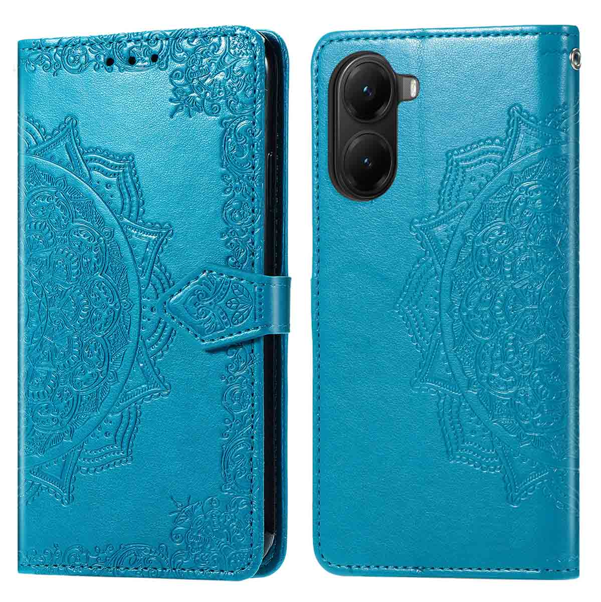 Deux étuis de téléphone bleu sarcelle. Les deux présentent des motifs floraux en relief. Un étui est ouvert, l'autre fermé, montrant un appareil photo.
