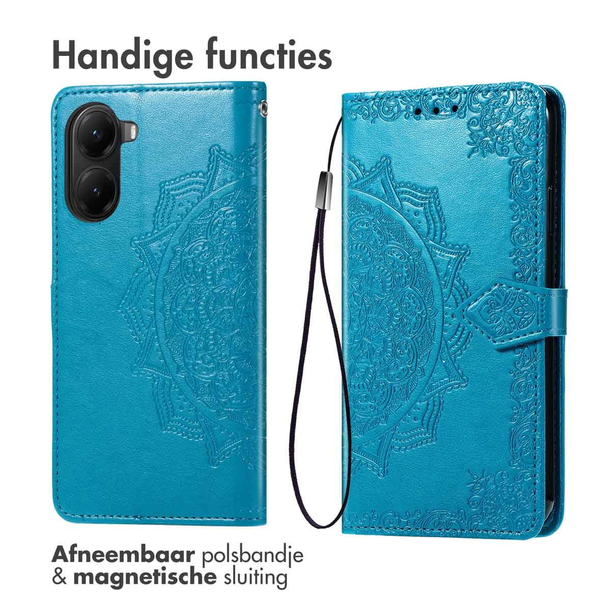 Étui de téléphone bleu avec un design mandala. Comprend une dragonne amovible et une fermeture magnétique.