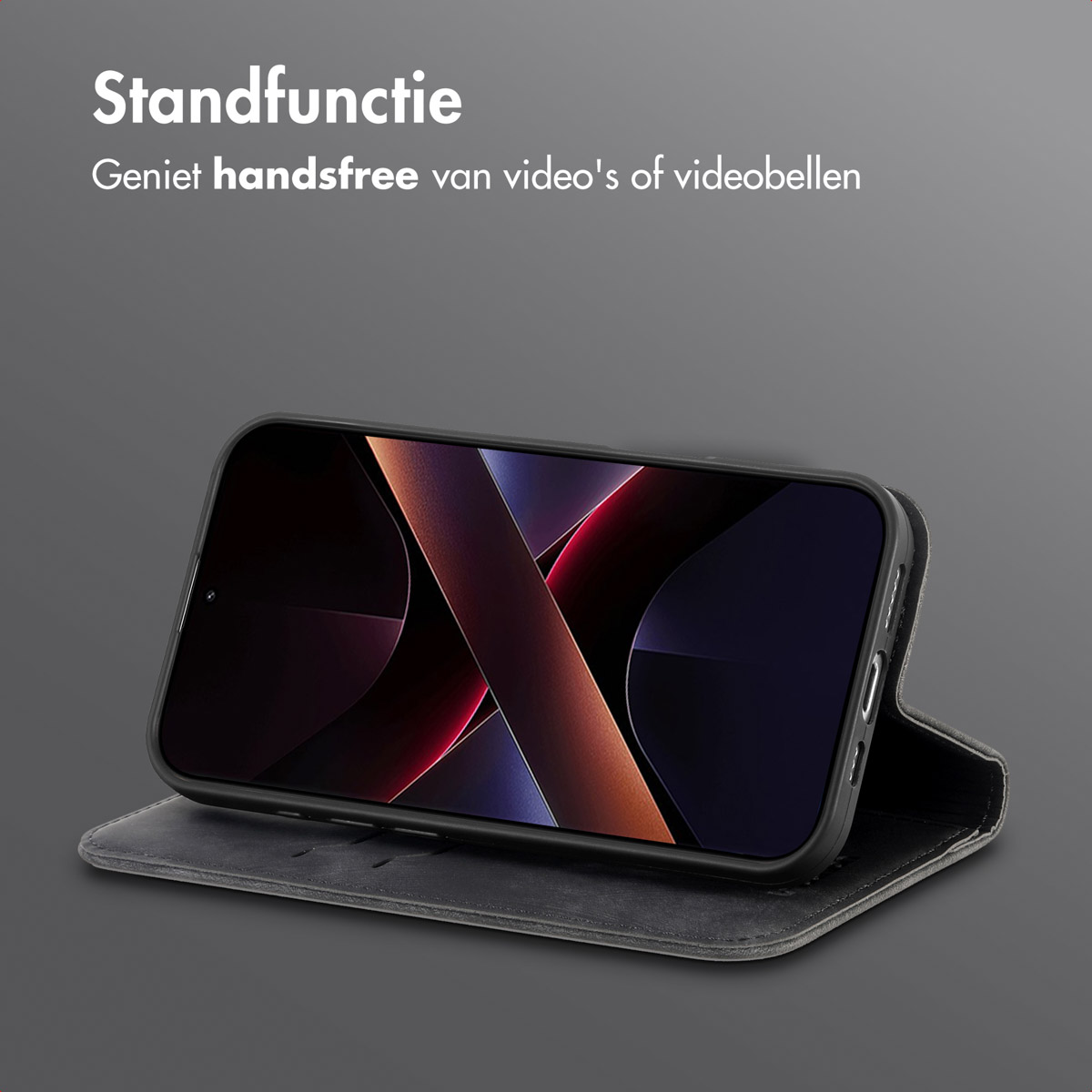 Un smartphone dans un étui noir est sur une surface grise. L'écran affiche un graphique. Texte : Standfunctie.