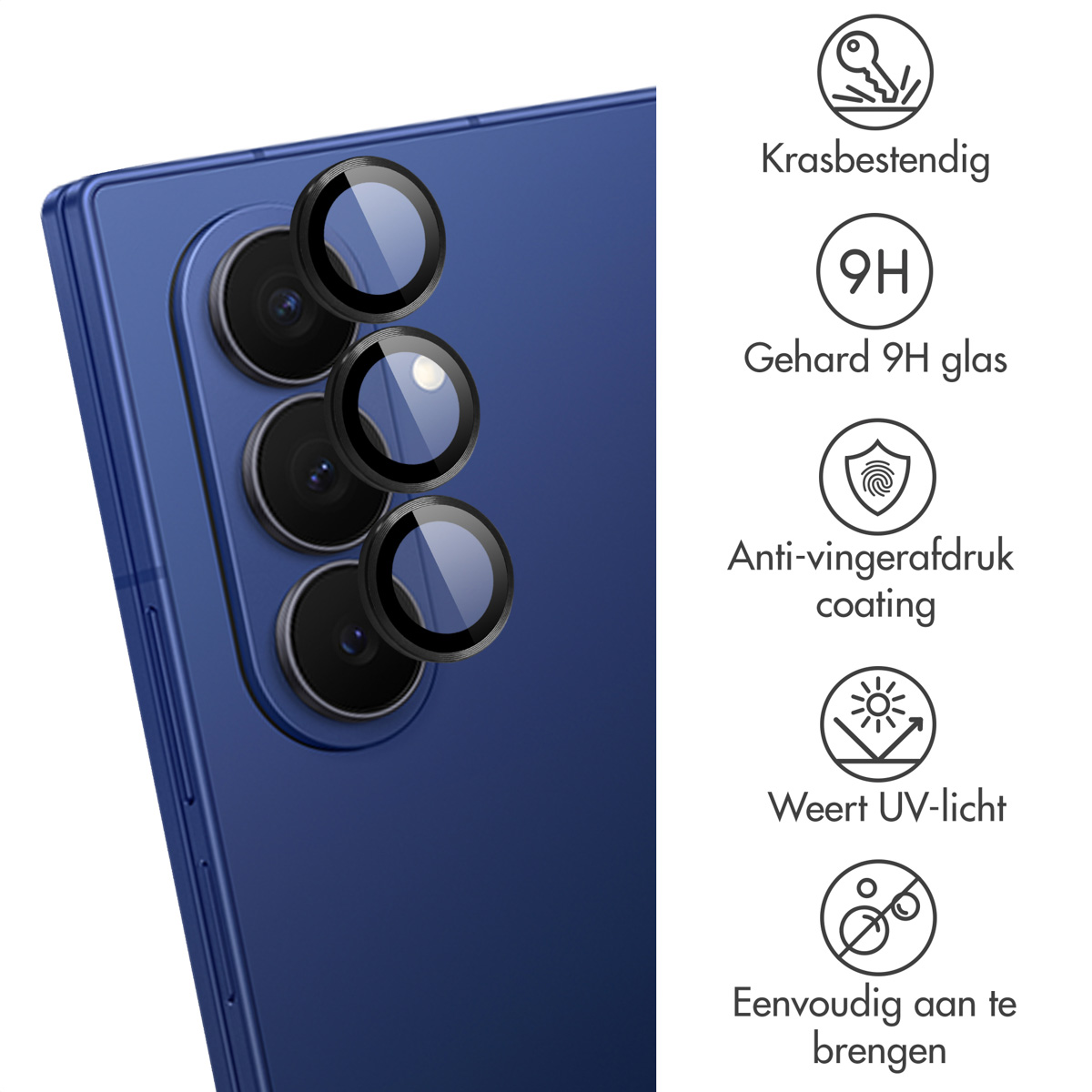 Blauwe telefoonachterkant met cameralenzen, beschermende functie teksten en iconen rechts.