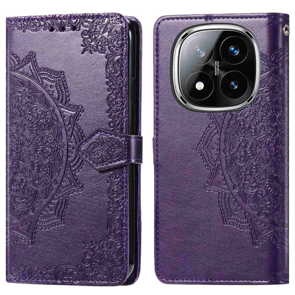 Étui de téléphone violet ouvert, montrant un motif de mandala complexe. Le côté droit montre l'appareil photo du téléphone.