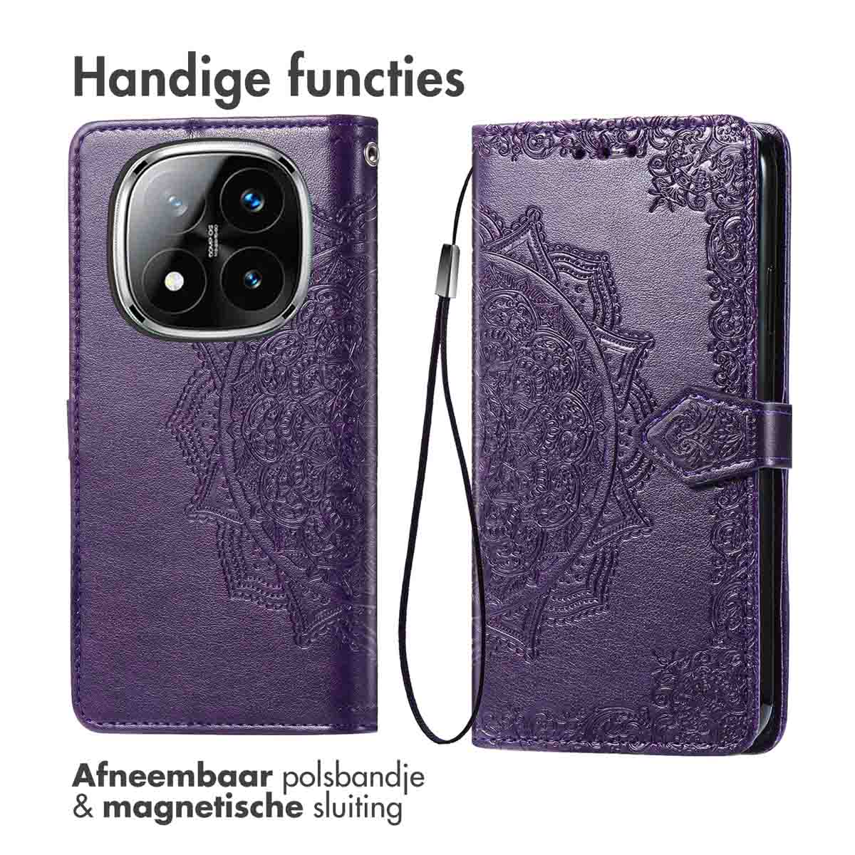 Étui de téléphone violet avec motif mandala. Dragonne amovible et fermeture magnétique. Texte: Handige functies, Dragonne et fermeture magnétique.