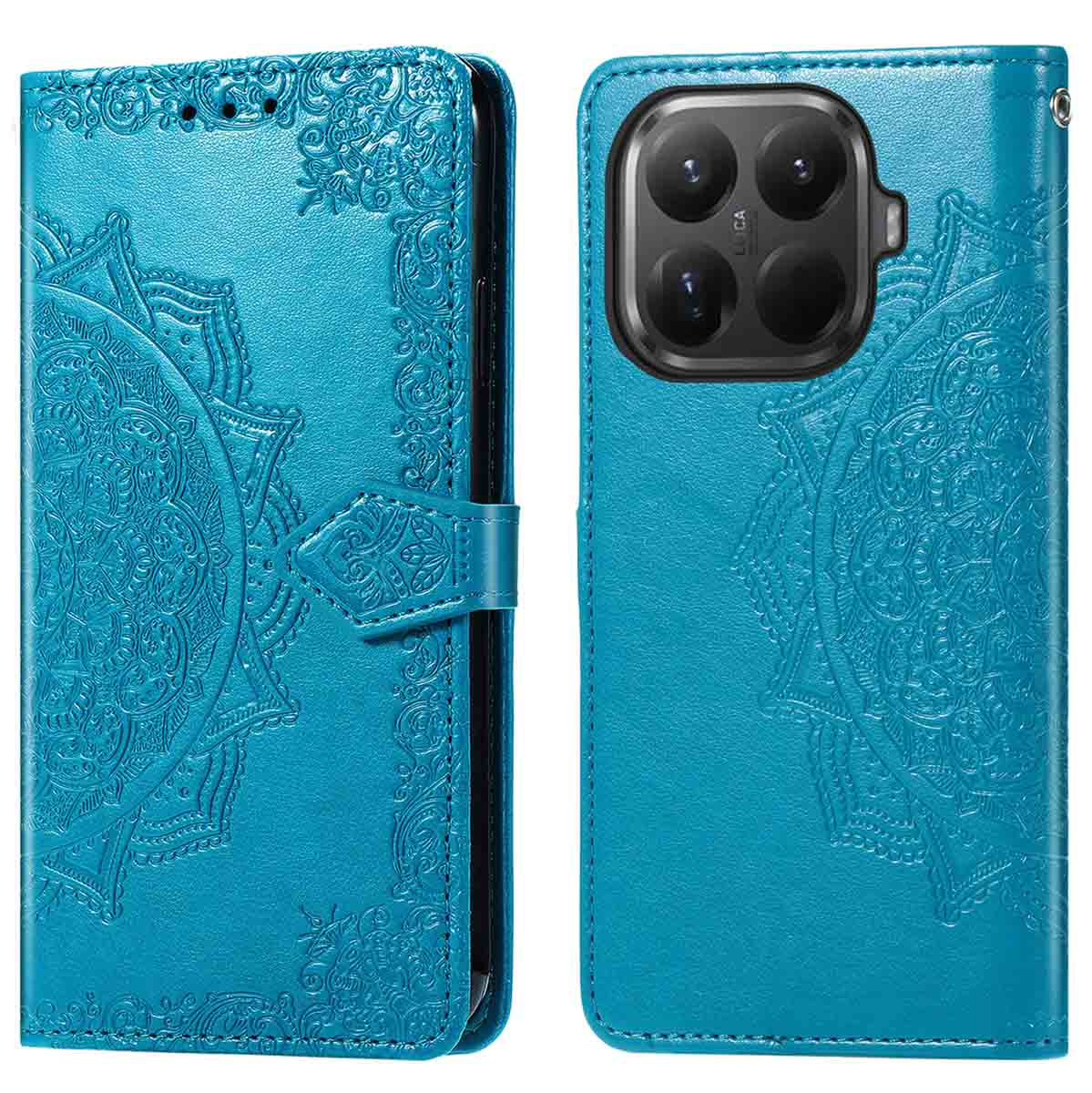 Een turquoise telefoonhoesje met mandala-achtige patronen, zichtbaar aan beide kanten. De hoes heeft een magnetische sluiting.