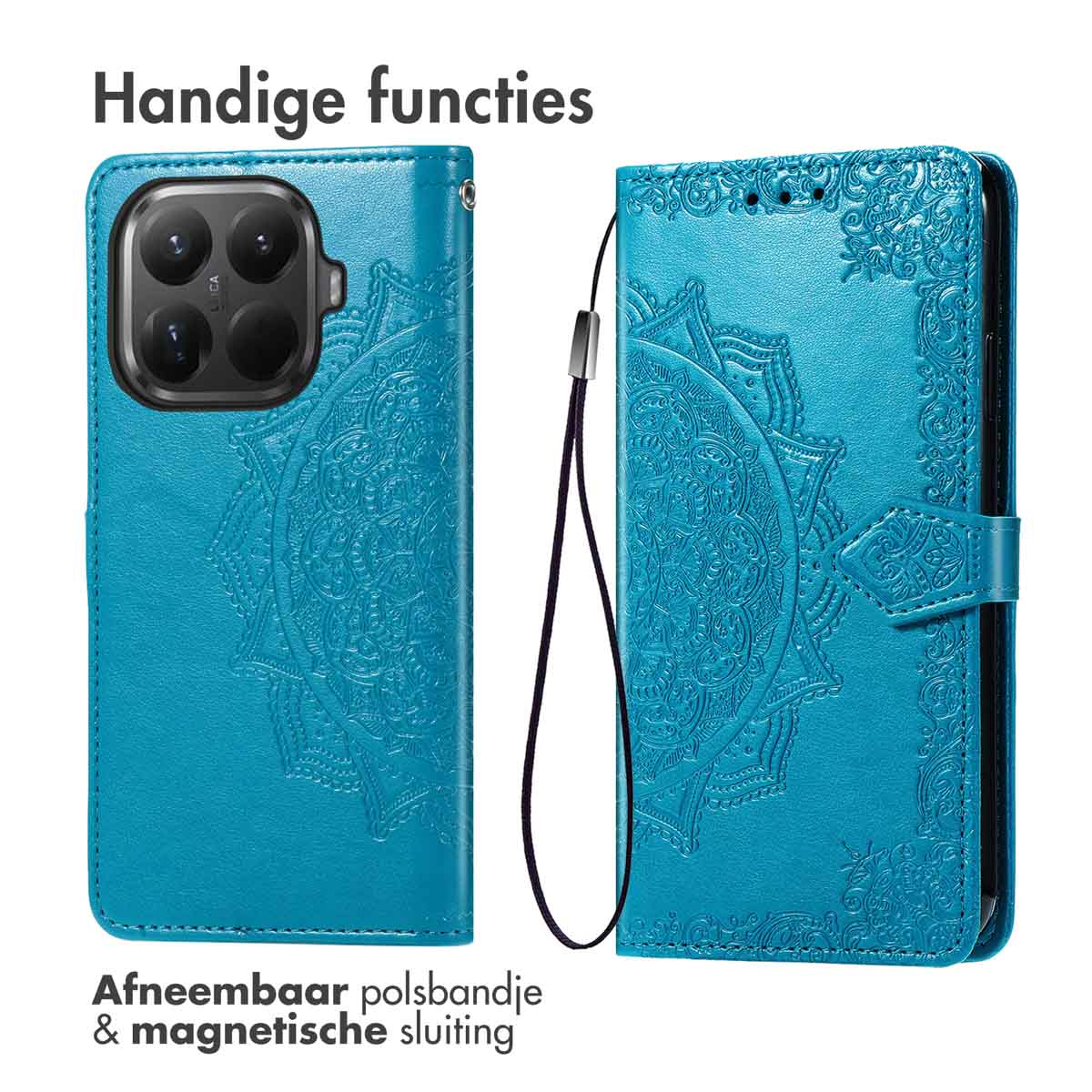Een turquoise telefoonhoesje met een mandala-ontwerp. Voorzien van een afneembare polsband en magnetische sluiting. Tekst: 'Handige functies'.