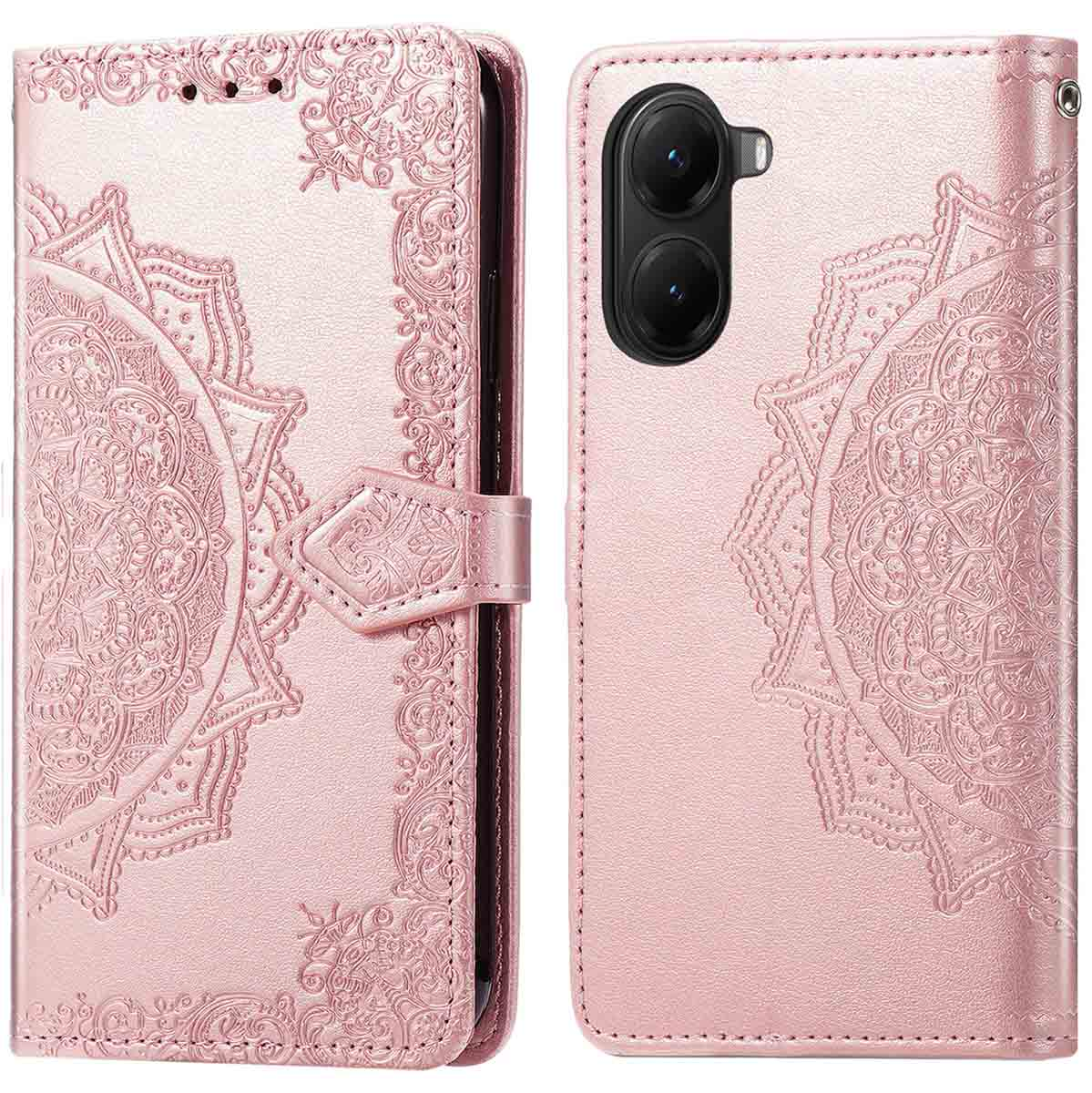 Étui de téléphone rose avec motif mandala en relief et fermeture à lanière. L'étui a deux découpes pour la caméra.