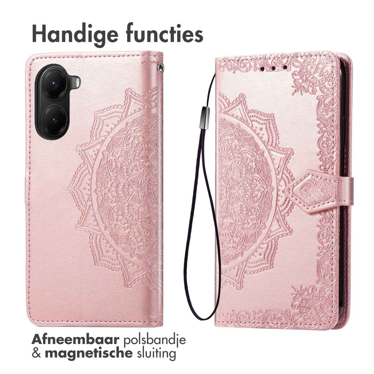 Étui de téléphone rose avec motif mandala. Comprend une dragonne amovible et une fermeture magnétique. Texte : Fonctions pratiques, dragonne amovible.