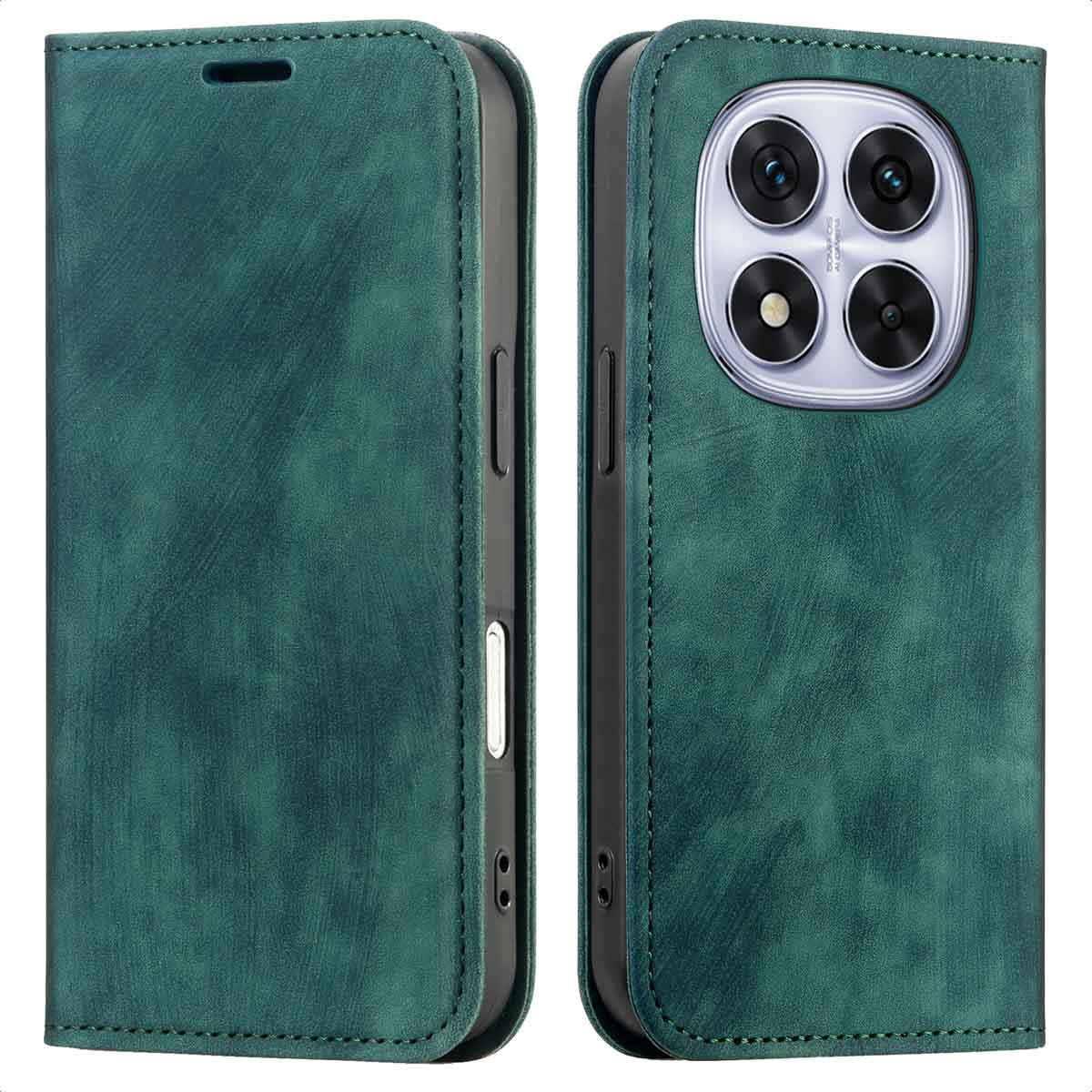 Groene leren telefoonhoes open. De hoes toont de camera en flitser van de telefoon rechts en de binnenkant links.