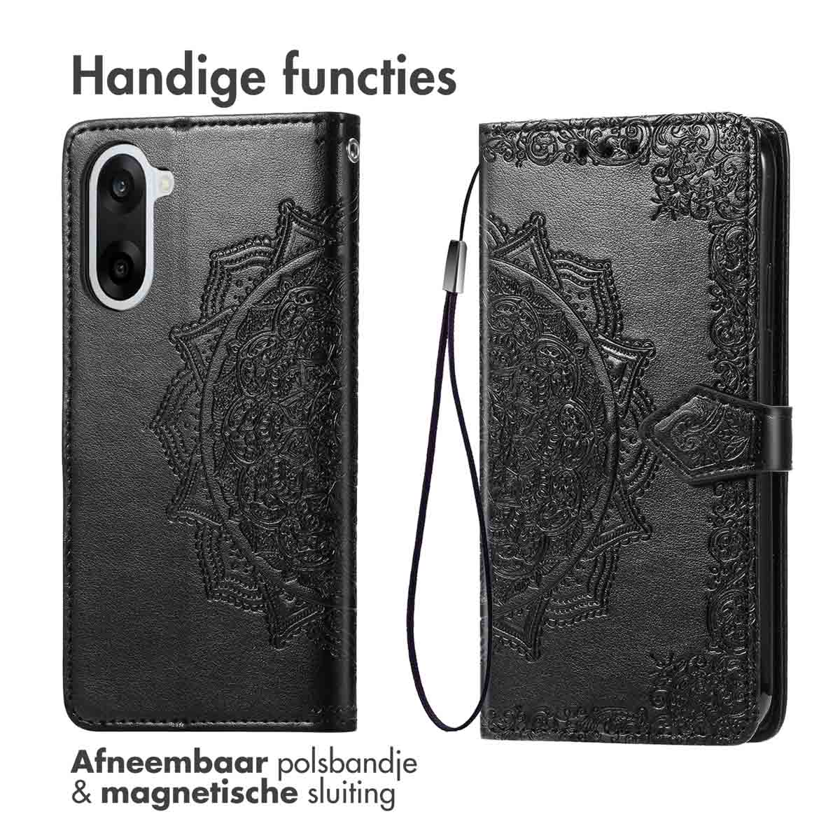 Zwarte telefoonhoes met reliëf bloemenontwerp en polsbandje. Boven: 'Handige functies'.