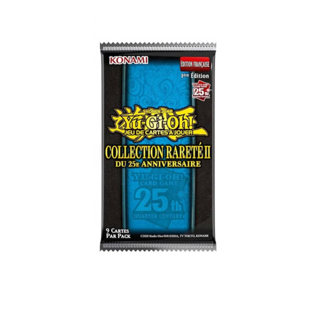 Un pacchetto di carte Yu-Gi-Oh!. Ha il logo Yu-Gi-Oh!, testo in francese e celebra il 25° anniversario. Include 9 carte.