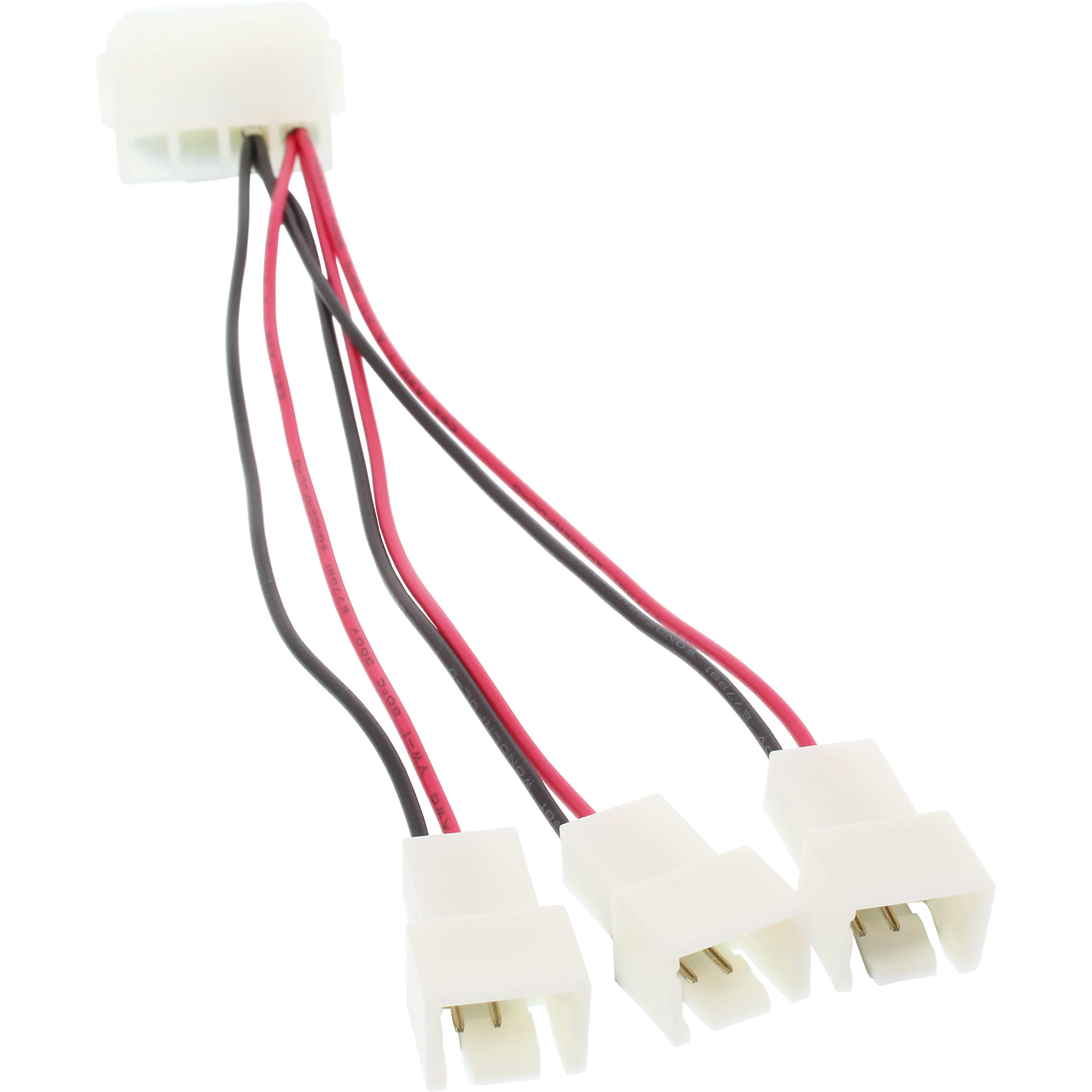 Weißer elektrischer Stecker mit roten und schwarzen Drähten und drei weißen Steckern auf weißem Hintergrund.