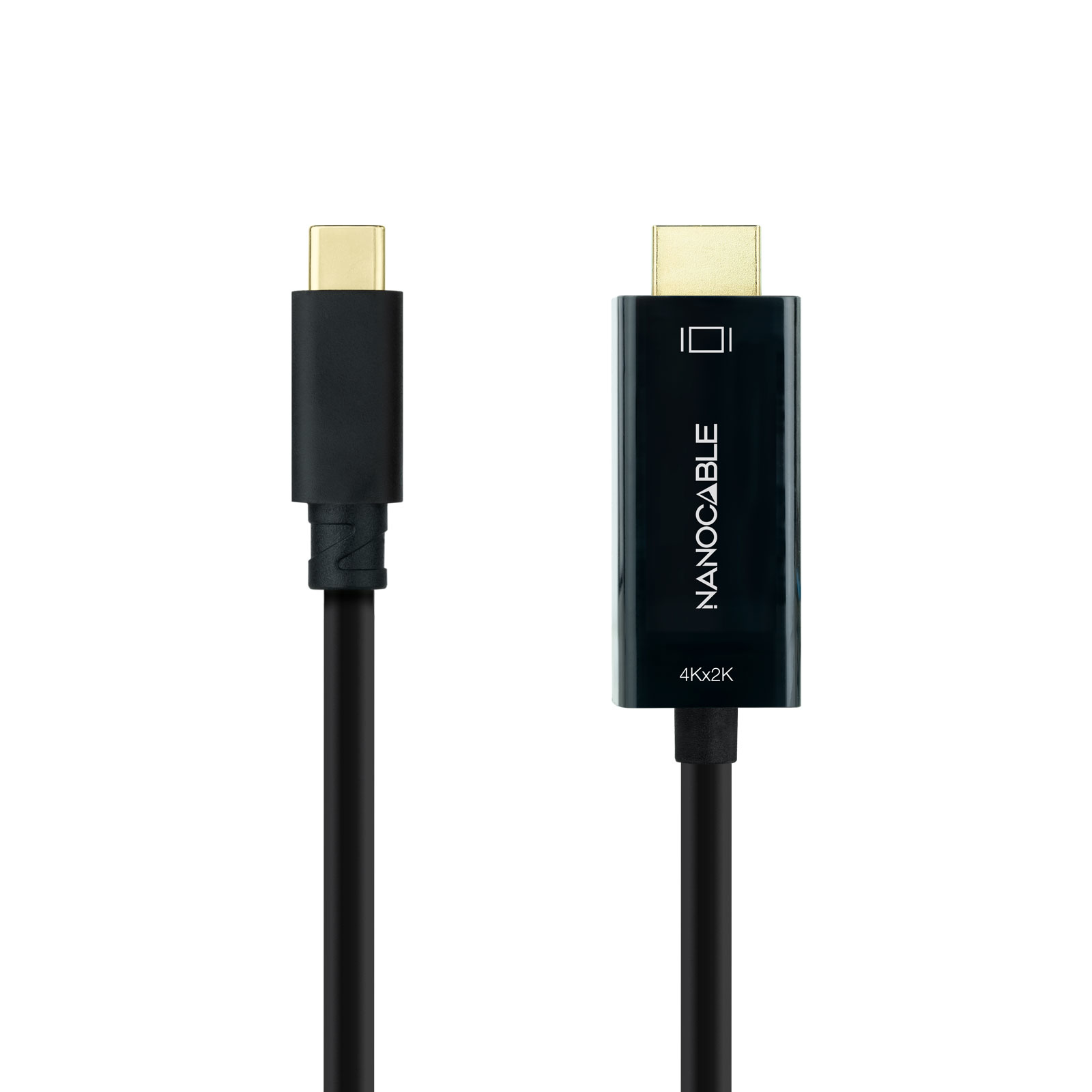 Zwei schwarze Kabel mit goldfarbenen Steckern. Eines mit der Aufschrift Nanocable, 4Kx2K. Vor weißem Hintergrund.