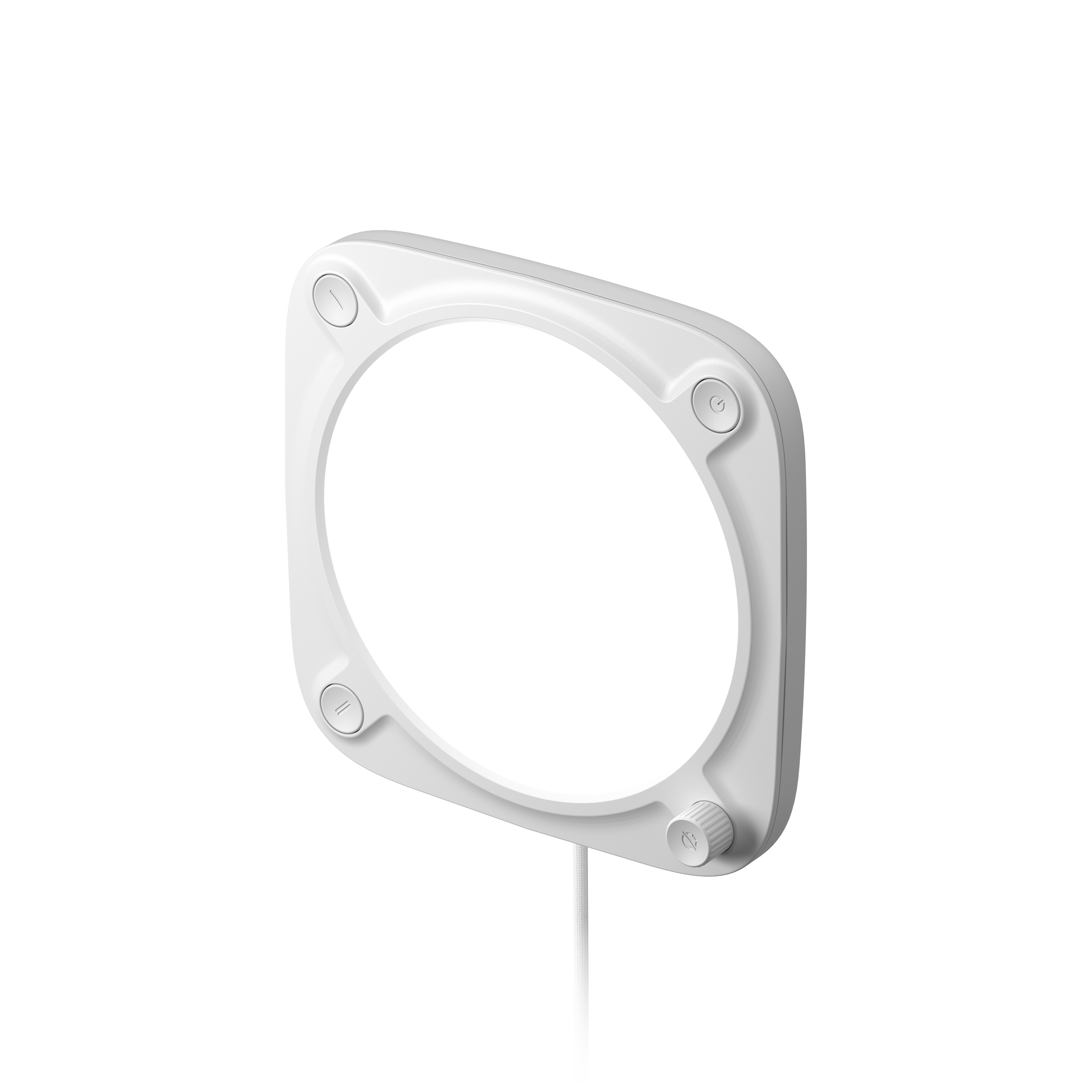 Ein weißes, quadratisches Licht mit abgerundeten Ecken und einer kreisförmigen Öffnung. Es hat Knöpfe und ein Rad. Ein weißes Kabel geht ab.