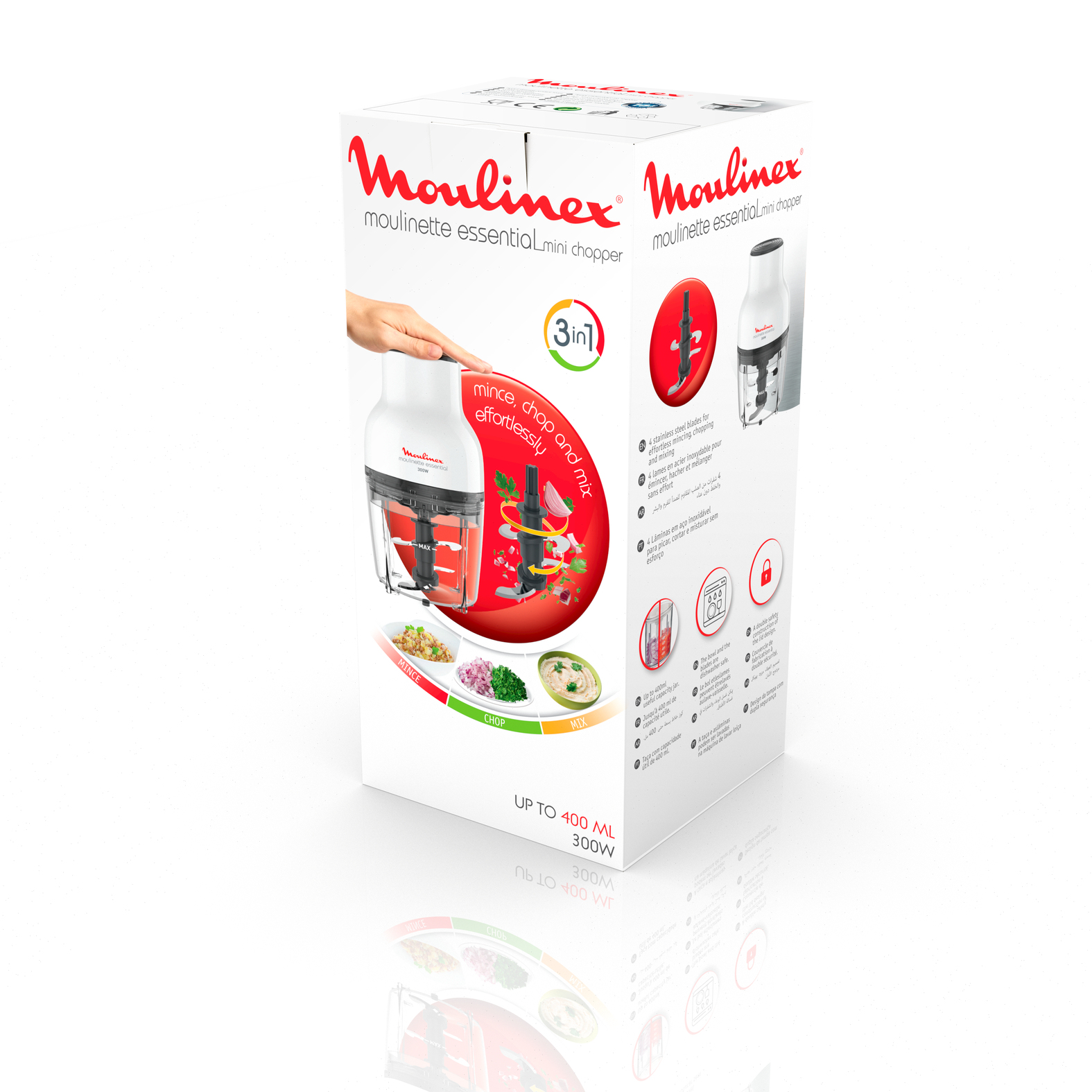 Moulinex Mini-Häcksler im Karton. Weißes Gehäuse, rote Akzente, Produktdetails. Zeigt Zerkleinern, Hacken und Mischen.
