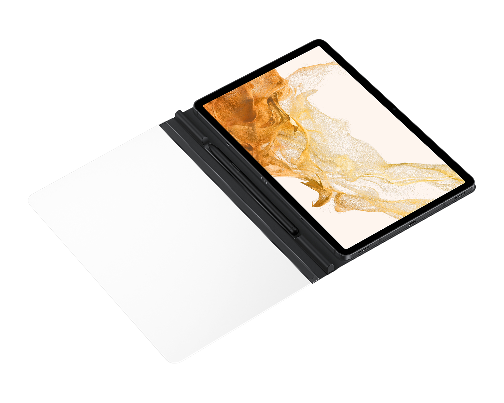 Tablet mit geöffneter Hülle. Das Tablet hat einen goldenen Bildschirm und eine schwarze Hülle. Weißer Hintergrund.