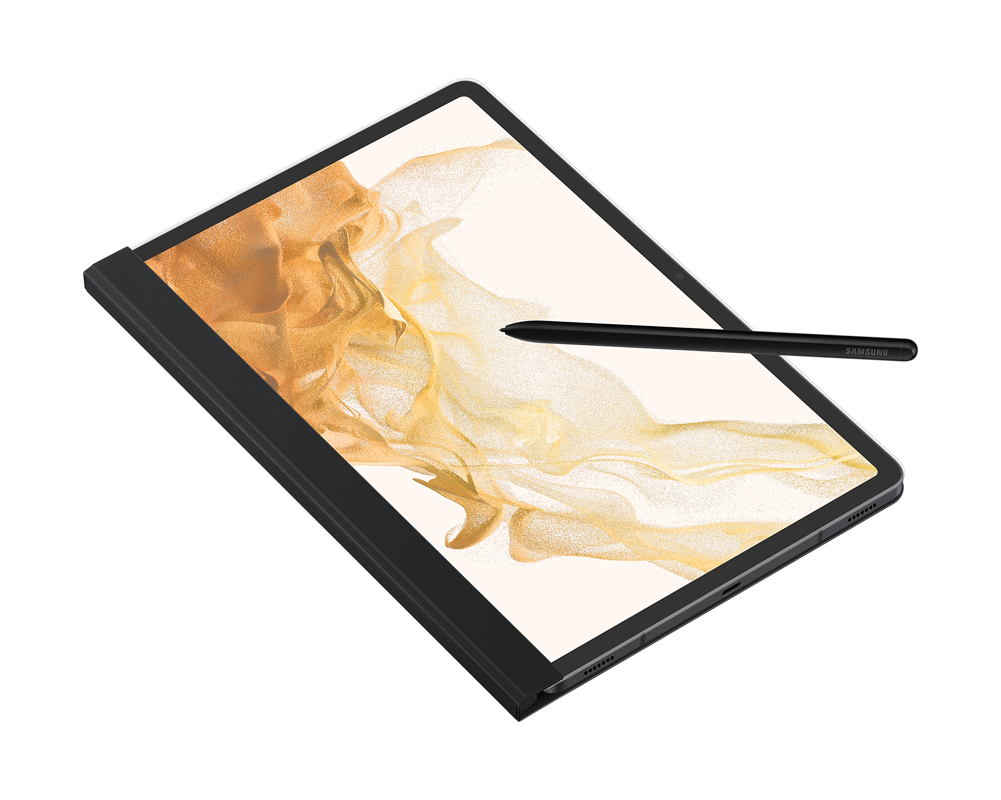 Ein Tablet mit schwarzem Stift. Der Bildschirm zeigt goldene abstrakte Kunst, in einem schwarzen Gehäuse, vor weißem Hintergrund.